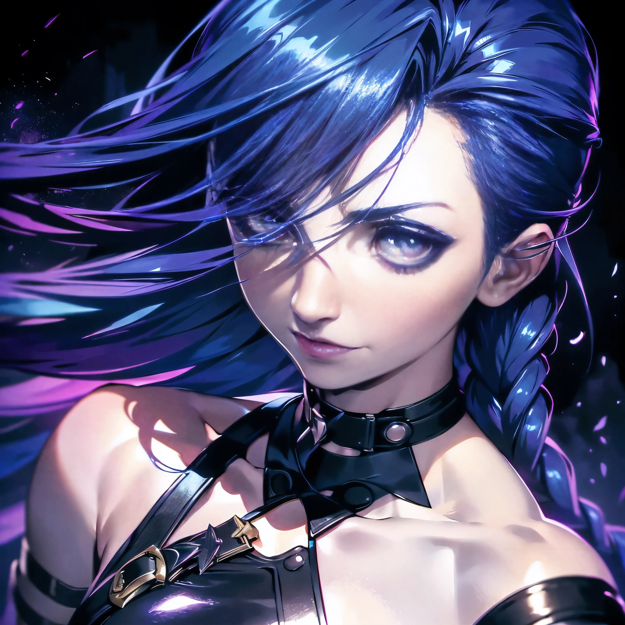 Um ultra-detalhado, high resolution, e realista:1.37 aviso, depicting a mysterious scene inspired by League of Legends champion Jinx. The central focus of the image is a character with his head tilted, olhando para cima com um sorriso estranho. The character&#39;s eyes are exceptionally detailed, radiating a sense of mystery and intensity. The lips are also beautifully detailed, presenting a seductive expression, mas sinistra. The overall atmosphere is dark and mysterious, with shadows and low lighting increasing the mysterious atmosphere. Image quality is top-notch, With intricate detail and sharp focus. O estilo de arte inclina-se para a arte conceitual, misturando elementos de fantasia com um toque de realismo. The color palette is predominantly dark and moody, with vibrant pops of color used to highlight specific areas. Lighting is positioned to create dramatic effects, casting shadows and lighting the scene with an eerie glow.