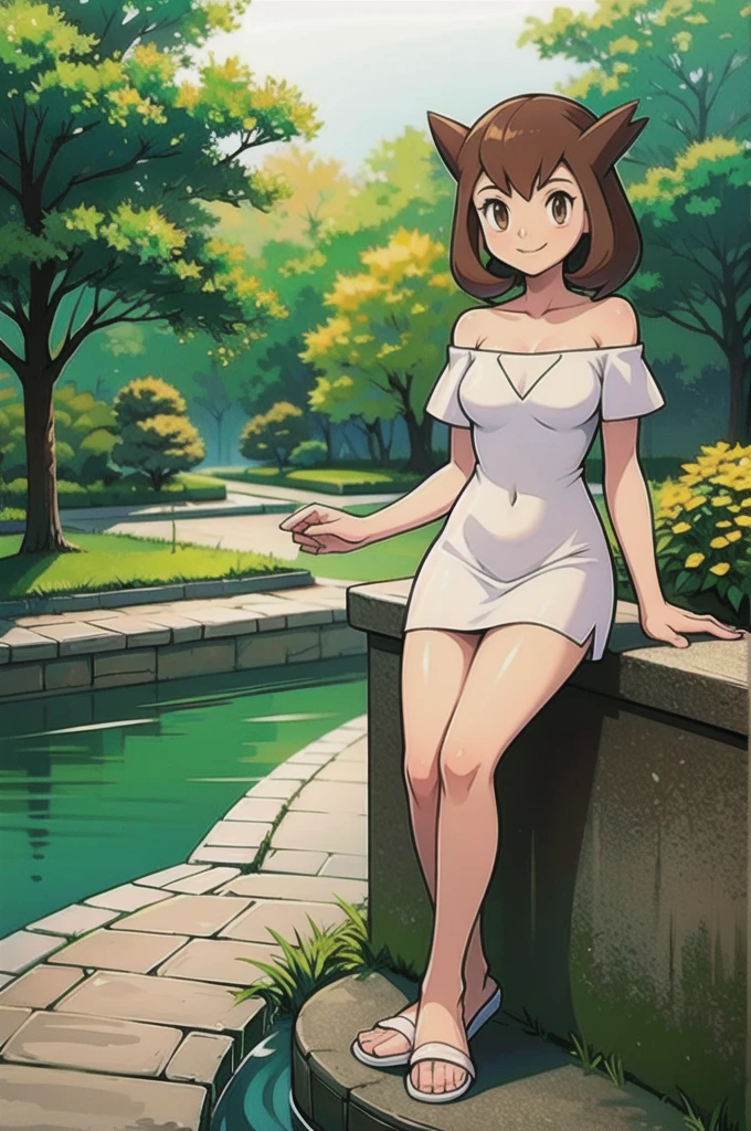 Bianca (pokemon heroes), 1 girl, brown hair, brown eyes, white dress, off shoulders, white slippers, intricate details, sharp focus, high resolution, the background of beautiful flower park with trees and canals, beautiful sunny day, smile