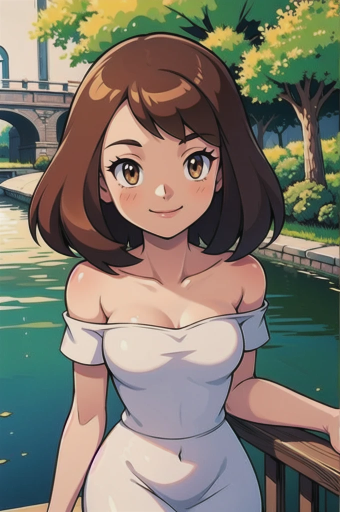 Bianca (pokemon heroes), 1 girl, brown hair, brown eyes, white dress, off shoulders, close-up-view, intricate details, sharp focus, high resolution, the background of beautiful flower park with trees and canals, beautiful sunny day, Smile