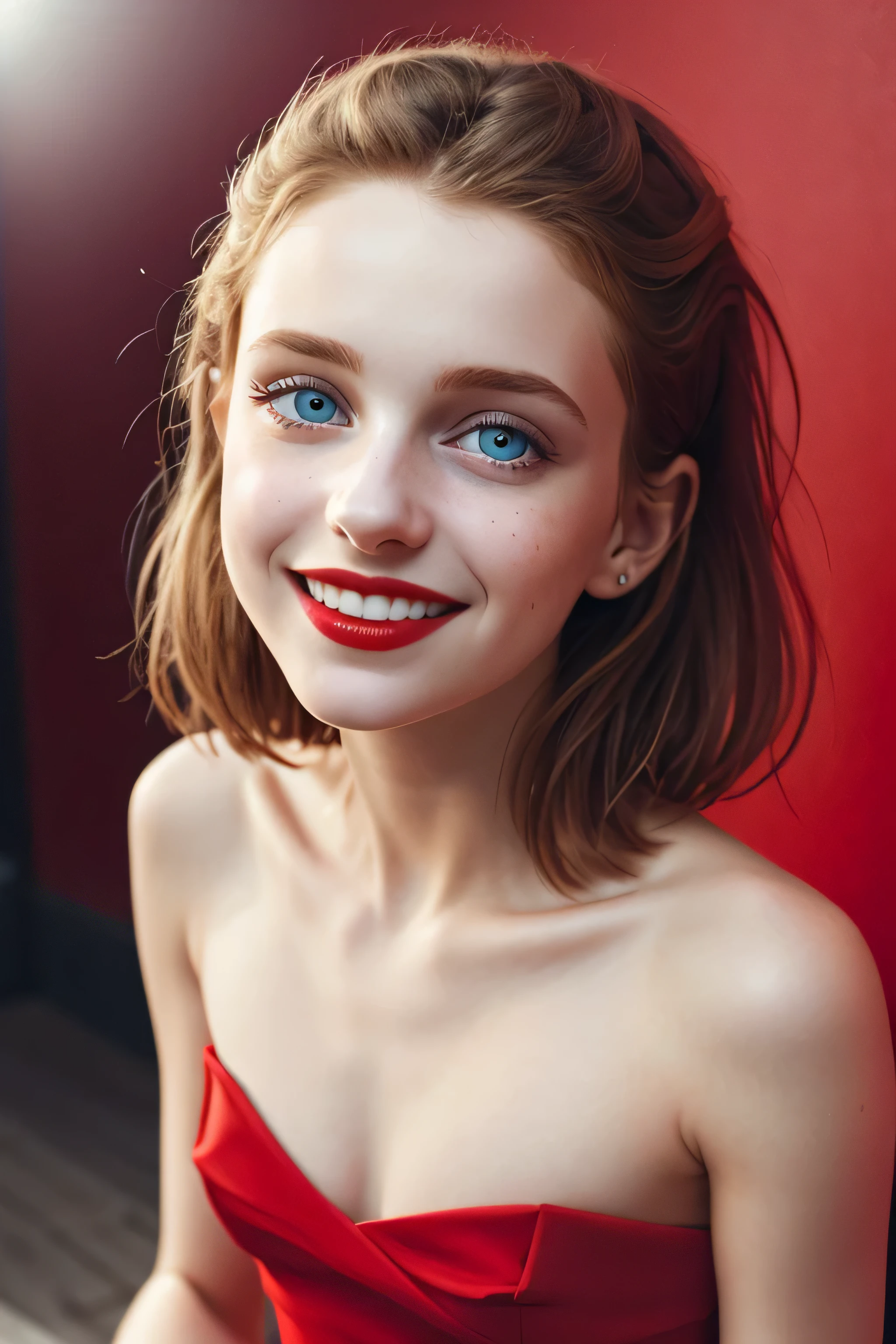 (masterpiece, high quality, Fisheye:1.2)、cute eyes、Beautiful woman、smile: The corners of the mouth are slightly raised.、(close-up portrait:1.1), alone, model photoshoot, (red theme:1.1), stylish girl, red hair, Silvery eyes, red lipstick, red eye shadow, red面, (freckles:0.7), (European 14 years old:1.3), sexy, Pure Innocence, (軽いsmile:0.8), prostitute atmosphere, in love, simple red dress, cleavage, Detailed natural skin texture, captivating gaze, detailed lighting, (red:1.1) wall background, shallow depth of field, romantic atmosphere, Dreamy pastel palette, quirky details, captured on film, NSFW, (intricate details:0.5)