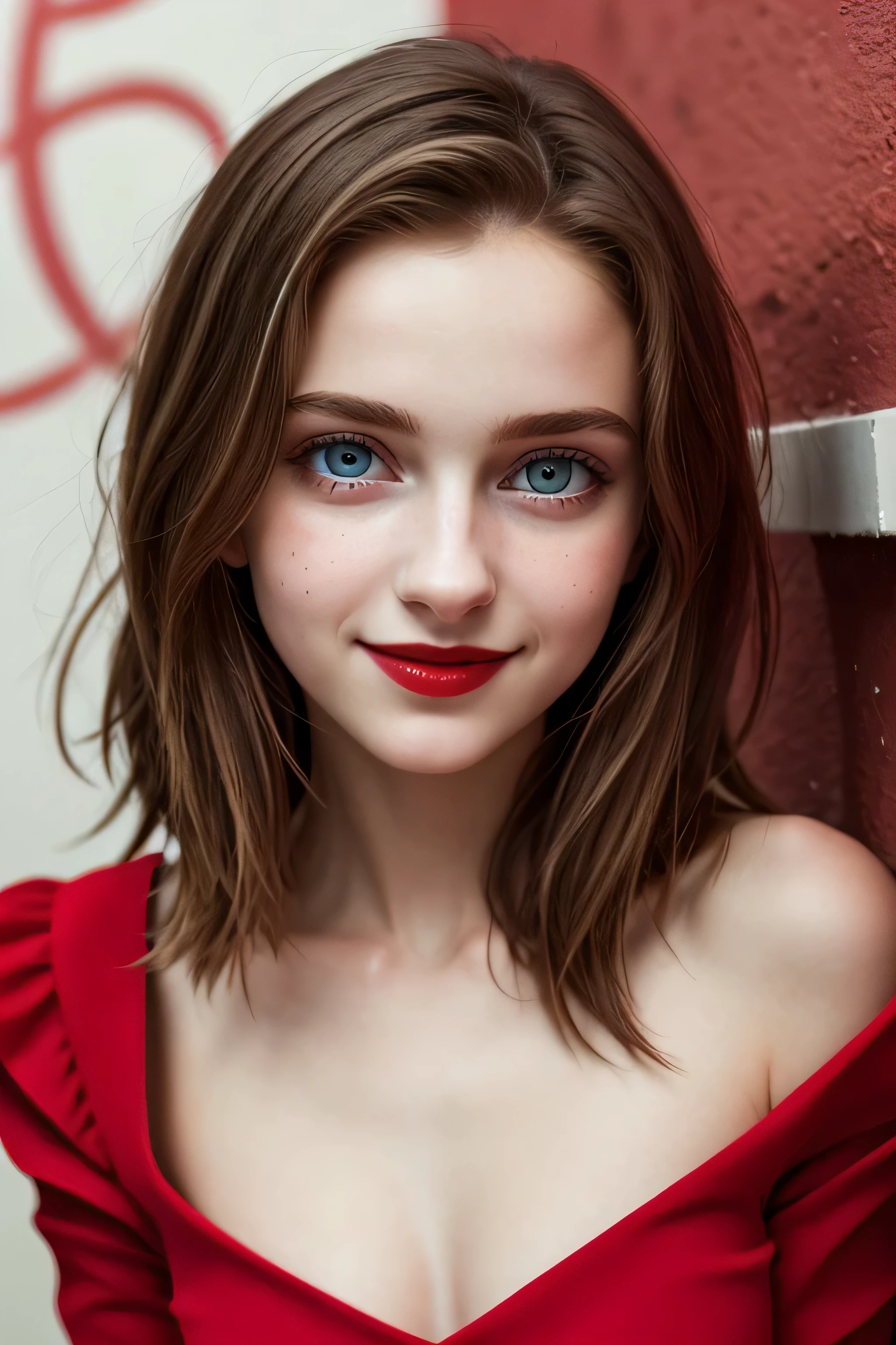 (masterpiece, high quality, Fisheye:1.2)、cute eyes、Beautiful woman、smile: The corners of the mouth are slightly raised.、(close-up portrait:1.1), alone, model photoshoot, (red theme:1.1), stylish girl, red hair, Silvery eyes, red lipstick, red eye shadow, red面, (freckles:0.7), (European 14 years old:1.3), sexy, Pure Innocence, (軽いsmile:0.8), prostitute atmosphere, in love, simple red dress, cleavage, Detailed natural skin texture, captivating gaze, detailed lighting, (red:1.1) wall background, shallow depth of field, romantic atmosphere, Dreamy pastel palette, quirky details, captured on film, NSFW, (intricate details:0.5)