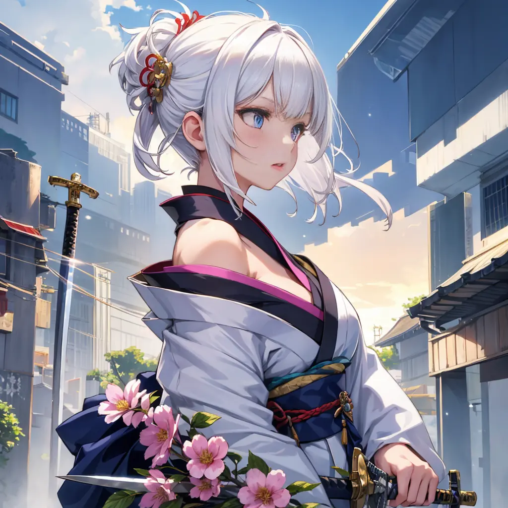 One girl, solo, bust, looking away, white hair, hair ornament, kimono, future city background, holding, short hair, iridescent e...
