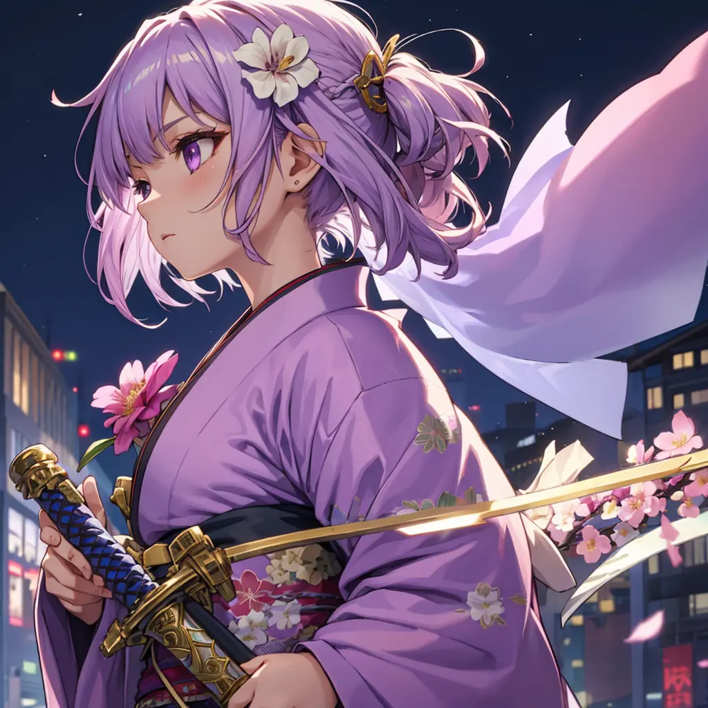 One girl, solo, bust, looking away, light purple hair, hair ornament, kimono, future city background, holding, short hair, iride...