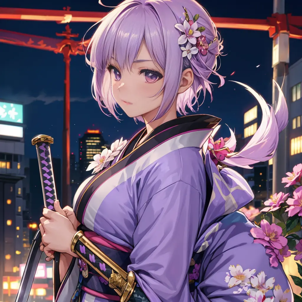 One girl, solo, bust, looking away, light purple hair, hair ornament, kimono, future city background, holding, short hair, iride...