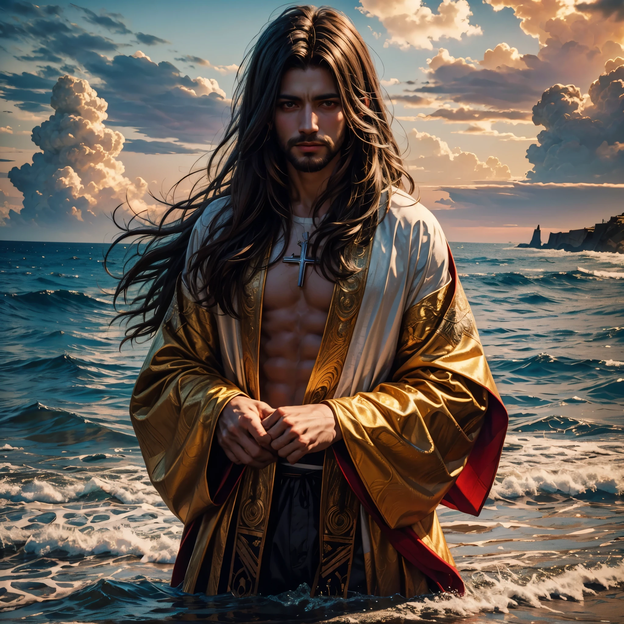 Arafed Man With Long Hair Standing In The Ocean With A Sword - Seaart Ai