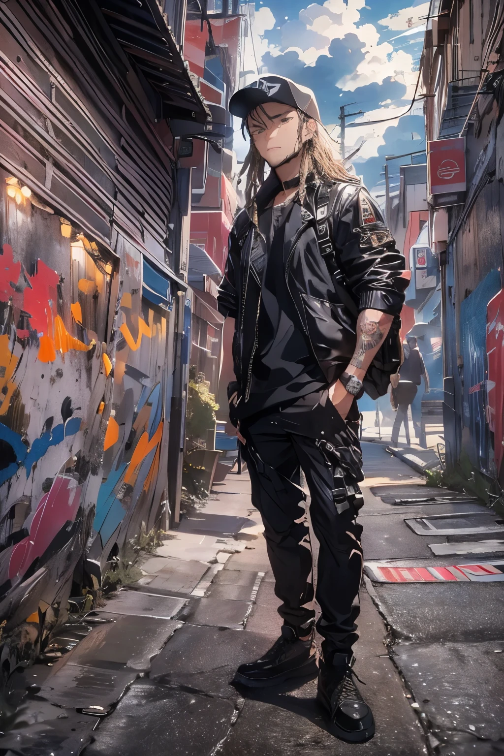 (best quality,4k,8k,highres,masterpiece:1.2),ultra-detailed,(realistic,photorealistic,photo-realistic:1.37),photography of a 20yo man, perfect face, backpack,muscular, handsome,dreads,Latino,cybernetics,leather jacket,baseball cap,black pants,dramatic lighting,vivid colors,urban background,cityscape,graffiti,street art,confident expression,sharp focus,contrast lighting,studious gaze,contemplative mood,signature pose,hidden tattoo,street fashion,candid shot,impressive detailing,high contrast,striking features,gritty atmosphere,funky style,edgy appearance,catchy composition,powerful presence,meticulous artwork fashion,unforgettable shot,remarkable character,convincing realism,attention-grabbing pose,strong facial structure,intense gaze