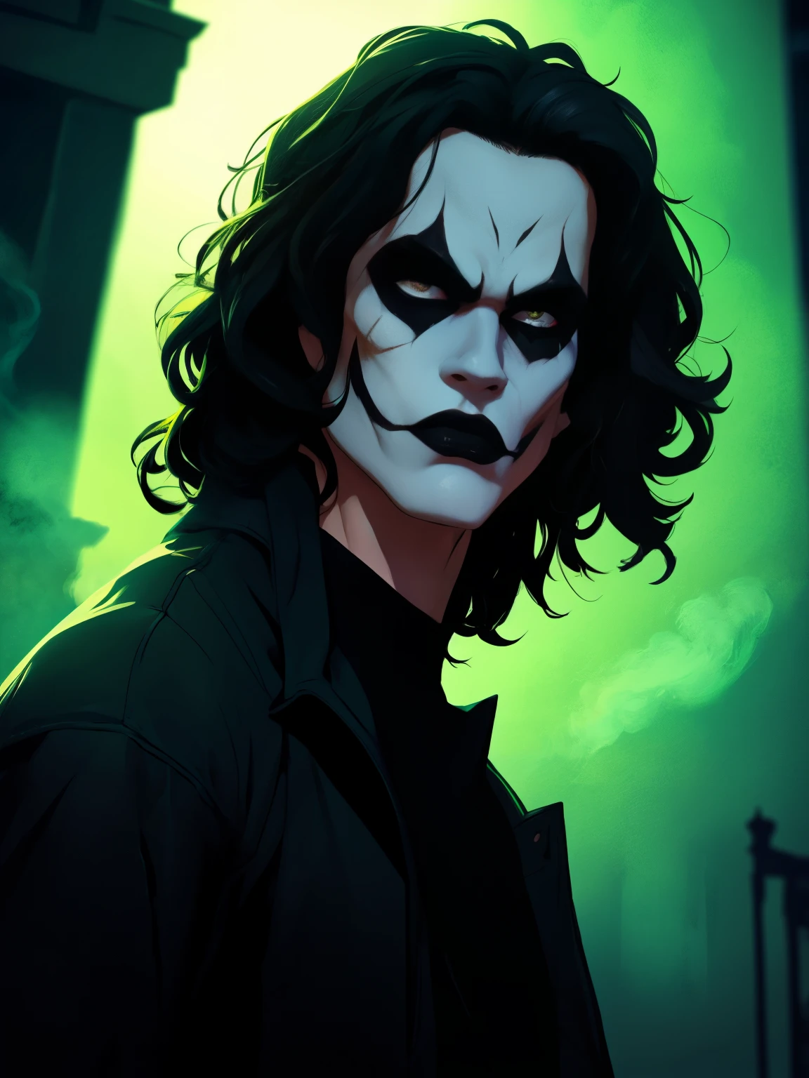 A cinematic poster of the character "The Crow". Close-Up Face. The character in the middle of a dark street, with a bright green light shining on him. (( The Crow V.IT Face, White face with black makeup )), The background is black with smoke. Wearing a The Crow Costume. The character is wearing a black 
overcoat, jeans, and black boots. He has long black hair and wears black makeup. DETAILED FACE, intricate.
Realism: The generated art should be realistic and highly detailed.
Lighting: The lighting should be cinematic, with a bright green light shining on the character.
Background: The background should be black with smoke.