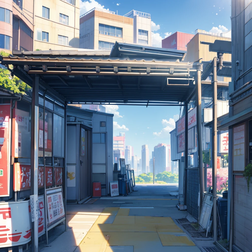 landscape, summer, sun, Tokyo, building, unmanned, no one, Hot weather, blue sky, HD detail, ultra detail, movie, hyper realism, soft light, Deep focus bokeh, ray tracing, G-Wise at Pixiv Art Station, makoto shinkai, germ of art