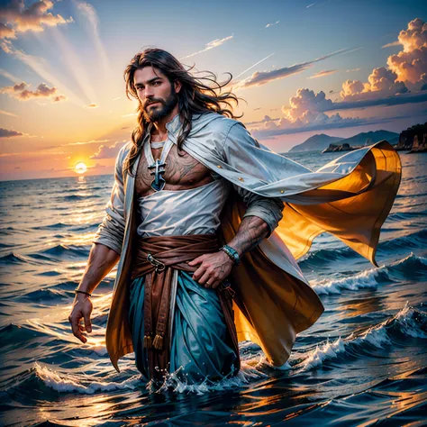 sunset spacious sunrise sunshine, a handsome god jesus christ ( jesus) blessing to the sky 35 years old with a long brown hair a...