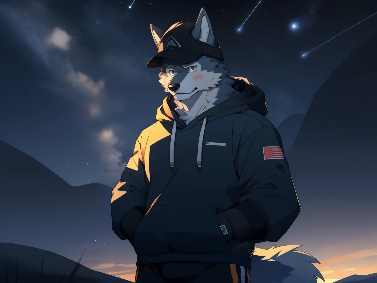 Anime wolf in a hoodie standing in front of a mountain SeaArt AI