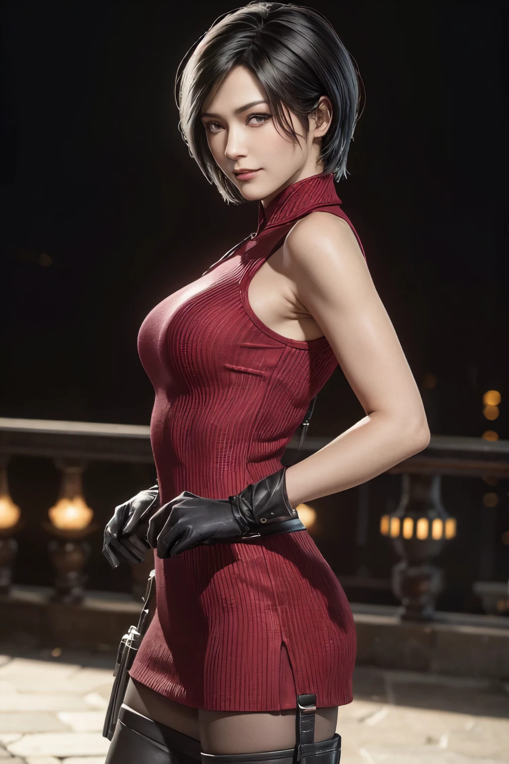 1 rapariga， 独奏， Ada Wong in Resident Evil 4 Remake， short detailed hair， brunette color hair， Red cheongsam， Short-sleeved shirt， Nero， nedium breasts， upper limbs， hindquarters， Black heels， Adriana's face， Find your audience， sly smile， A pistol was hung on her waist， best qualtiy， hight resolution：1.2， 18th century village in the background， Shadowing， Nightmare， rays of moonlight， Upper body photography， Low camera angle、depth of fields、center focused