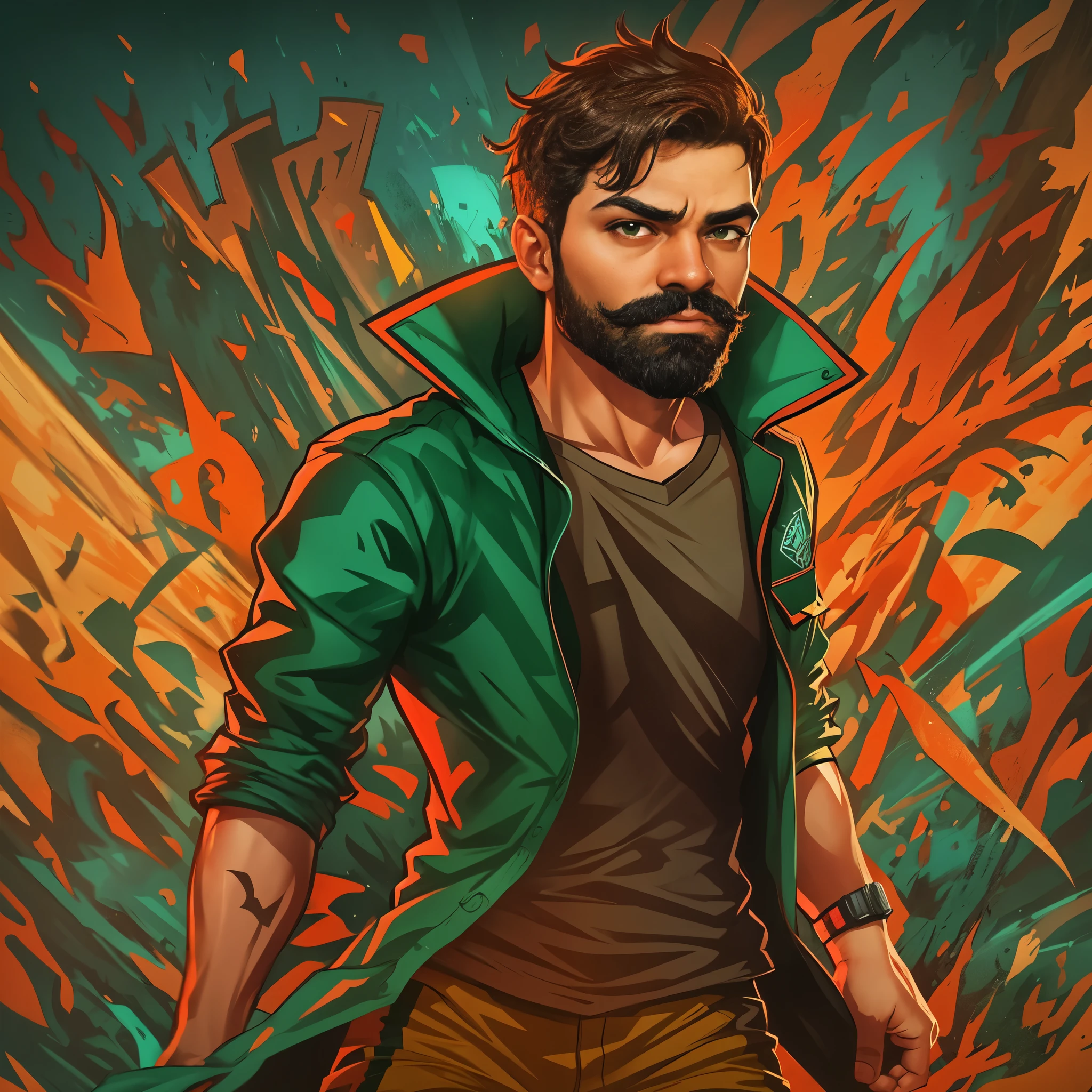 a person with short brown hair, thrown to the side(rogue) with degrade, beard and short mustache, brown eyes, wearing a Flamengo shirt
,illustration (concept art)
,ultra-detailed
,high quality
,colorful
,cartoon style
,vibrant colors
,sharp focus
,professional lighting