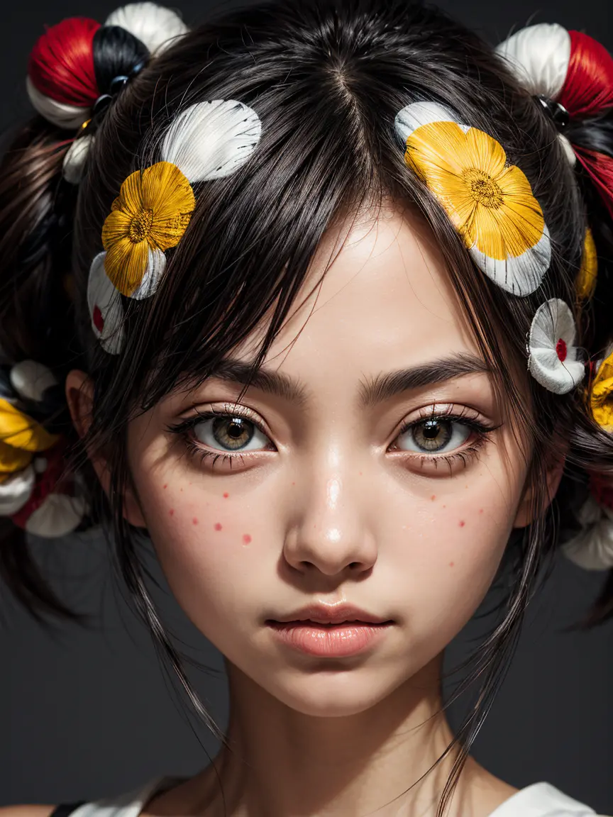 an abstract portrait of a japanese girl centered around large polka dot theme