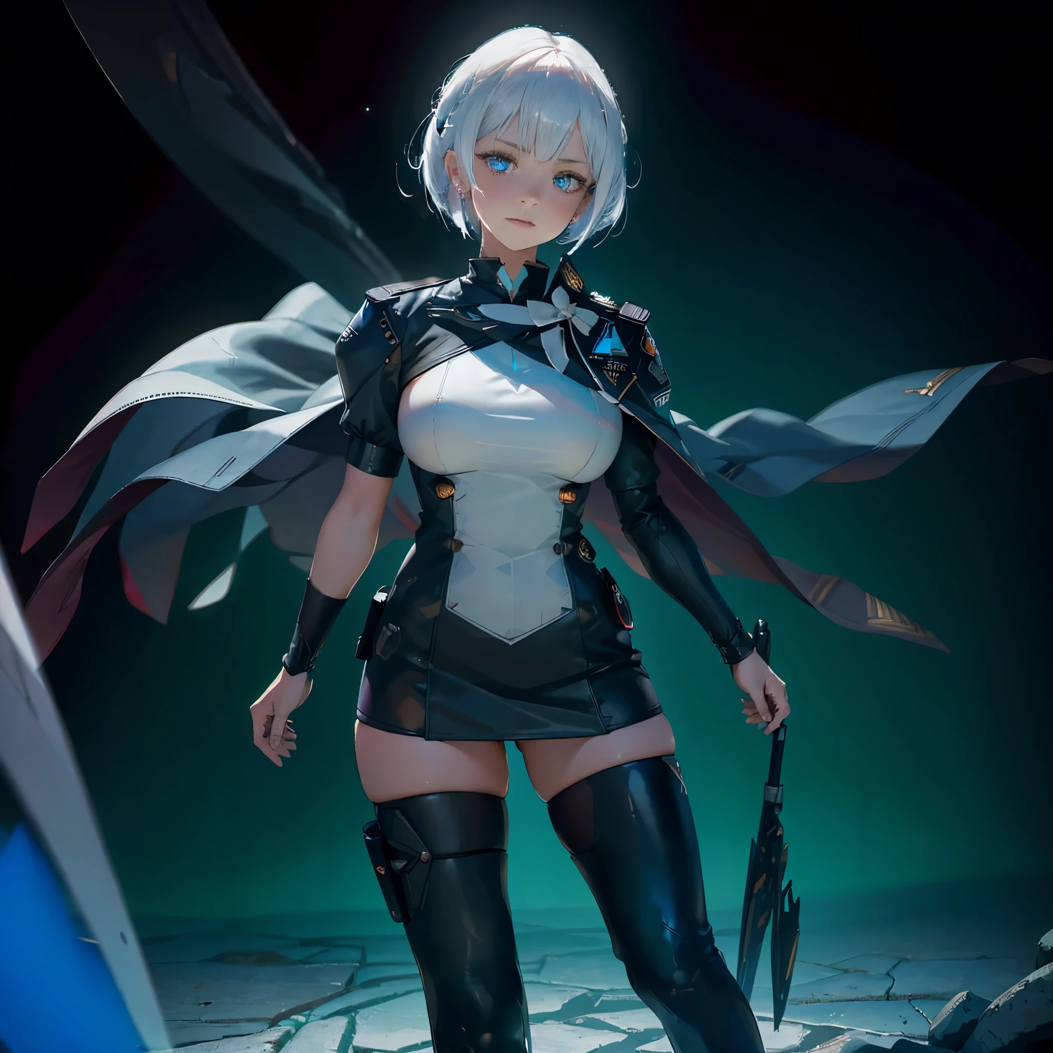1 Girl, Solo , Alone, A Single Person, Face Close Up, Big Chest, Violet Eyes, mecha , Clothing , mechasuit , armed girl ,mecha_musume , mecha girl , Hair accessories, White Bob Hair, Short Hair, Silver Hair, Bang, hair between eyes, military uniform, black dress, cape, White gloves, pantyhose, high heel boots, Explosion, Salute Pose, Standing, In the Sky, Blue Sky, ((Best quality)), ((masterpiece)), 3D, HDR (High Dynamic Range),Ray Tracing, NVIDIA RTX, Super-Resolution, Unreal 5,Subsurface scattering, PBR Texturing, Post-processing, Anisotropic Filtering, Depth-of-field, Maximum clarity and sharpness, Multi-layered textures, Albedo and Specular maps, Surface shading, Accurate simulation of light-material interaction, Perfect proportions, Octane Render, Two-tone lighting, Wide aperture, Low ISO, White balance, Rule of thirds,8K RAW, Aura, masterpiece, best quality, Mysterious expression, magical effects like sparkles or energy, flowing robes or enchanting attire, mechanic creatures or mystical background, rim lighting, side lighting, cinematic light, ultra high res, 8k uhd, film grain, best shadow, delicate, RAW, light particles, detailed skin texture, detailed cloth texture, beautiful face, (masterpiece)