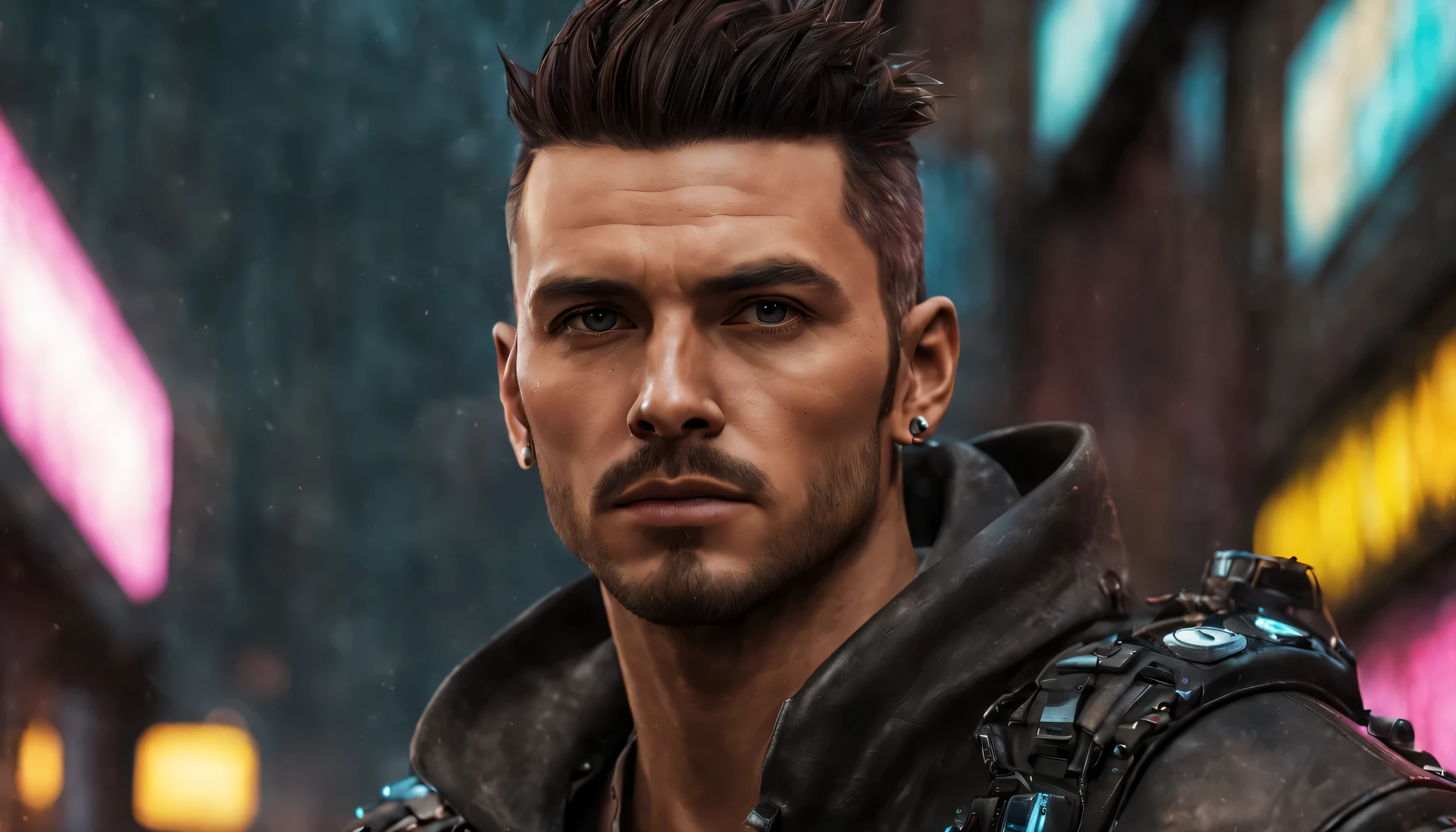 close-up portrait of a Backstreet Boys lookalike, Detailed character concept art, Inspired by, realisitic, fantasy character, unreal motor 5, RPG style, Trends on ArtStation, Quality of CGSociedade, background bokeh, softfocus, 35mm lens, complex leather texture, cyberpunk clothing, confident looking, artwork style, ((masterfully crafted clothes, expressive eyes, strong posture), professional photograpy, Dynamic Posture, High fidelity textures ), attractive colors, volumetric neon lightning, vivid neon lights, bright coloured, close photo at eye level, High definition, high fidelity effects, Octane rendering, nintendo art, Captura de tela inspirada em Infamous First Light e Cyberpunk 2077, cloused mouth, cinematic lighting, Photo at eye level, canon, Sony FE, Fujifilm, Nikon, Sony FE GM, Depth of field, cinematic lighting, reflection light, Ray tracing, moderno, Futurism, super detaill, High details, high qualiy, awardwinning, best qualityer, high resolution, 1080P, High definition, 4K, 8K, 16K, texturized skin, anatomically correcte, precise, UHigh definition