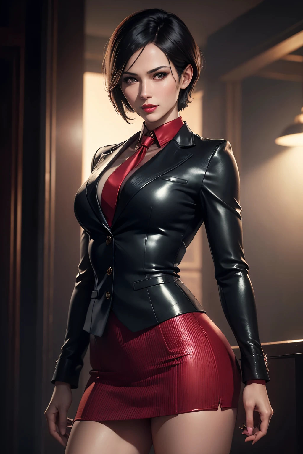 (absurdres, highres, ultra detailed), masterpiece, ada wong (resident evil), ((solo)), short hair, 1girl, skirt suit, business suit, three-piece suit, black pinstripe suit, waistcoat, red shirt, red necktie, bodycon skirt, miniskirt, closed mouth, standing, (((detailed lips))), ((realistic skin)), glowing skin, ((glossy red lips)), portrait, beautiful, smile, normal skin