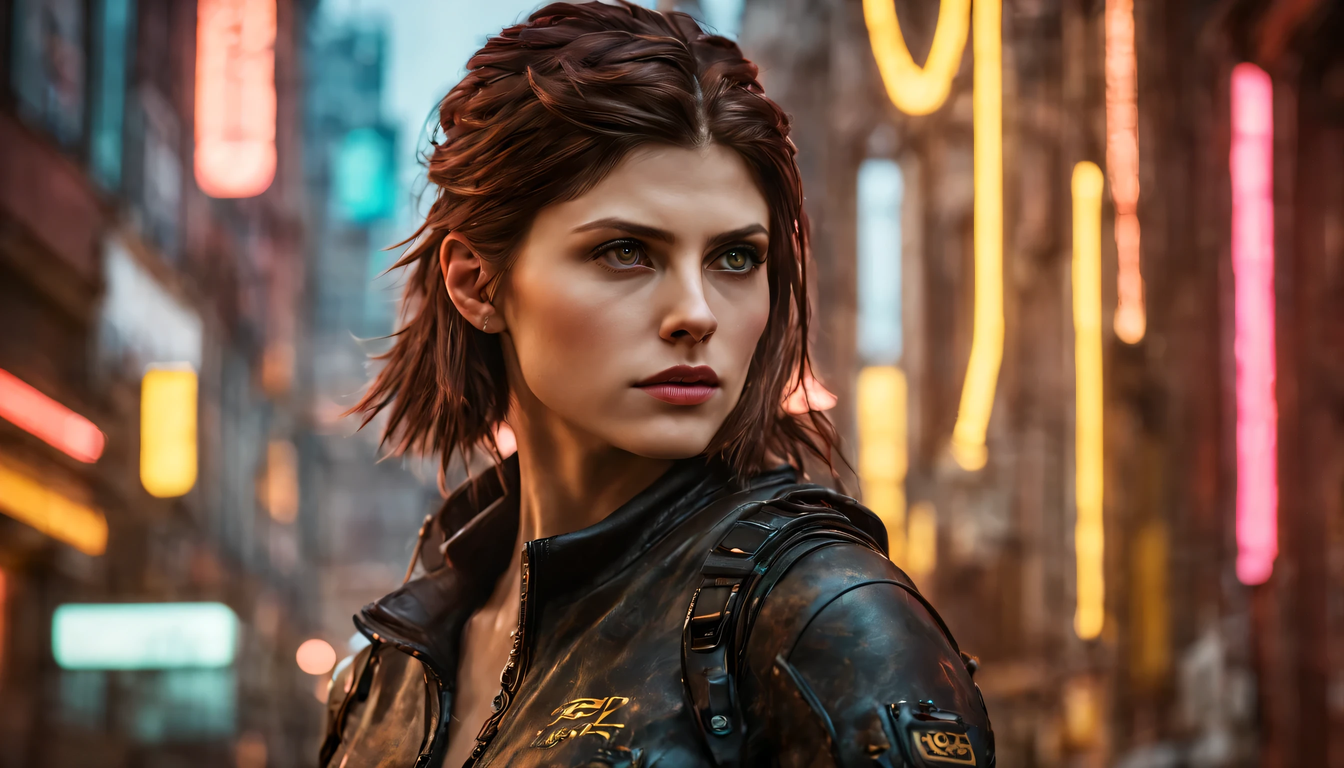 close-up portrait of an Alexandra Daddario lookalike, Detailed character concept art, Inspired by, realisitic, fantasy character, unreal motor 5, RPG style, Trends on ArtStation, Quality of CGSociedade, background bokeh, softfocus, 35mm lens, complex leather texture, cyberpunk clothing, confident looking, artwork style, ((masterfully crafted clothes, expressive eyes, strong posture), professional photograpy, Dynamic Posture, High fidelity textures ), attractive colors, volumetric neon lightning, vivid neon lights, bright coloured, close photo at eye level, High definition, high fidelity effects, Octane rendering, nintendo art, Captura de tela inspirada em Infamous First Light e Cyberpunk 2077, cloused mouth, cinematic lighting, Photo at eye level, canon, Sony FE, Fujifilm, Nikon, Sony FE GM, Depth of field, cinematic lighting, reflection light, Ray tracing, moderno, Futurism, super detaill, High details, high qualiy, awardwinning, best qualityer, high resolution, 1080P, High definition, 4K, 8K, 16K, texturized skin, anatomically correcte, precise, UHigh definition