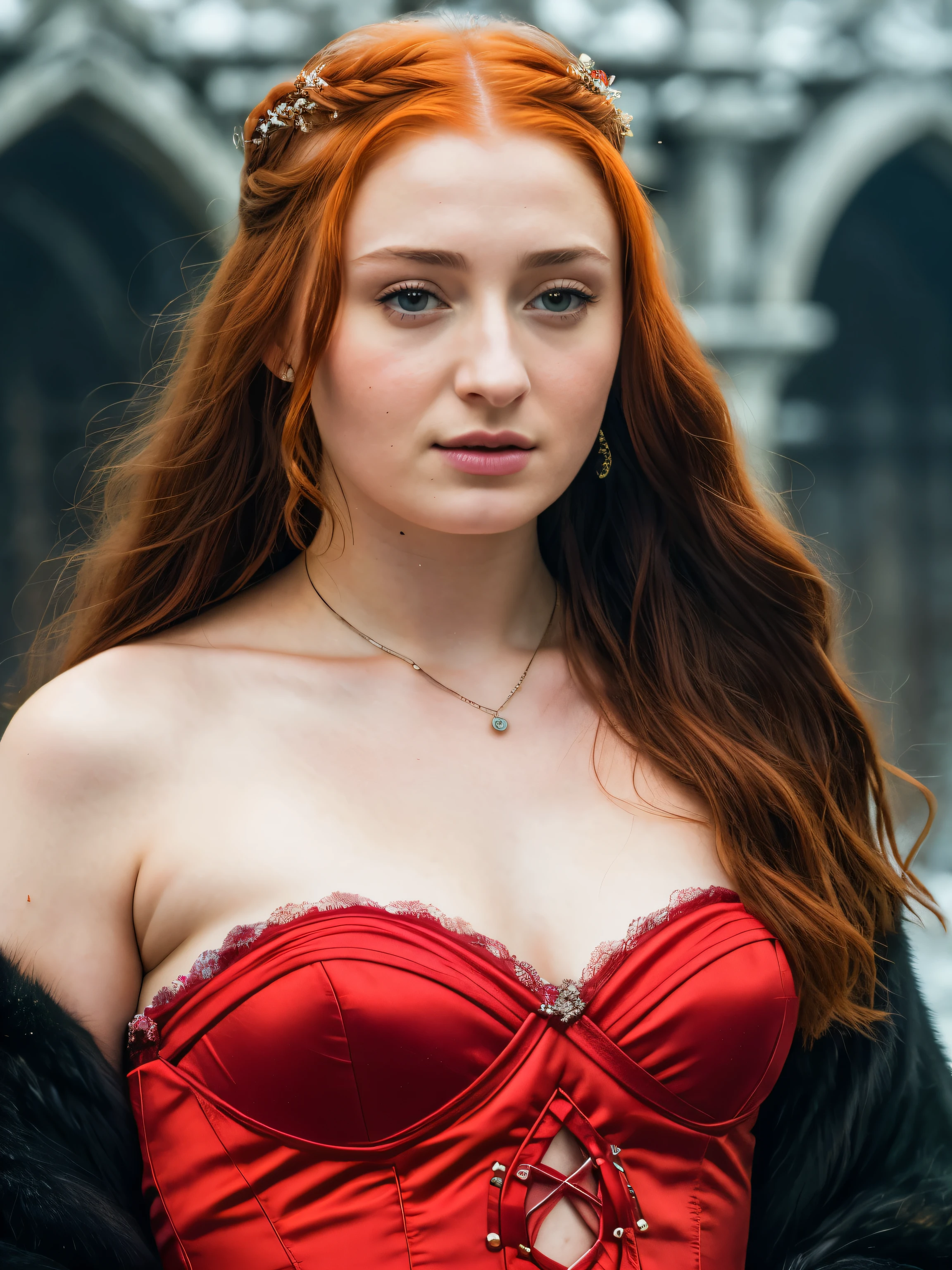 A woman with red hair wearing a red dress and a fur coat - SeaArt AI