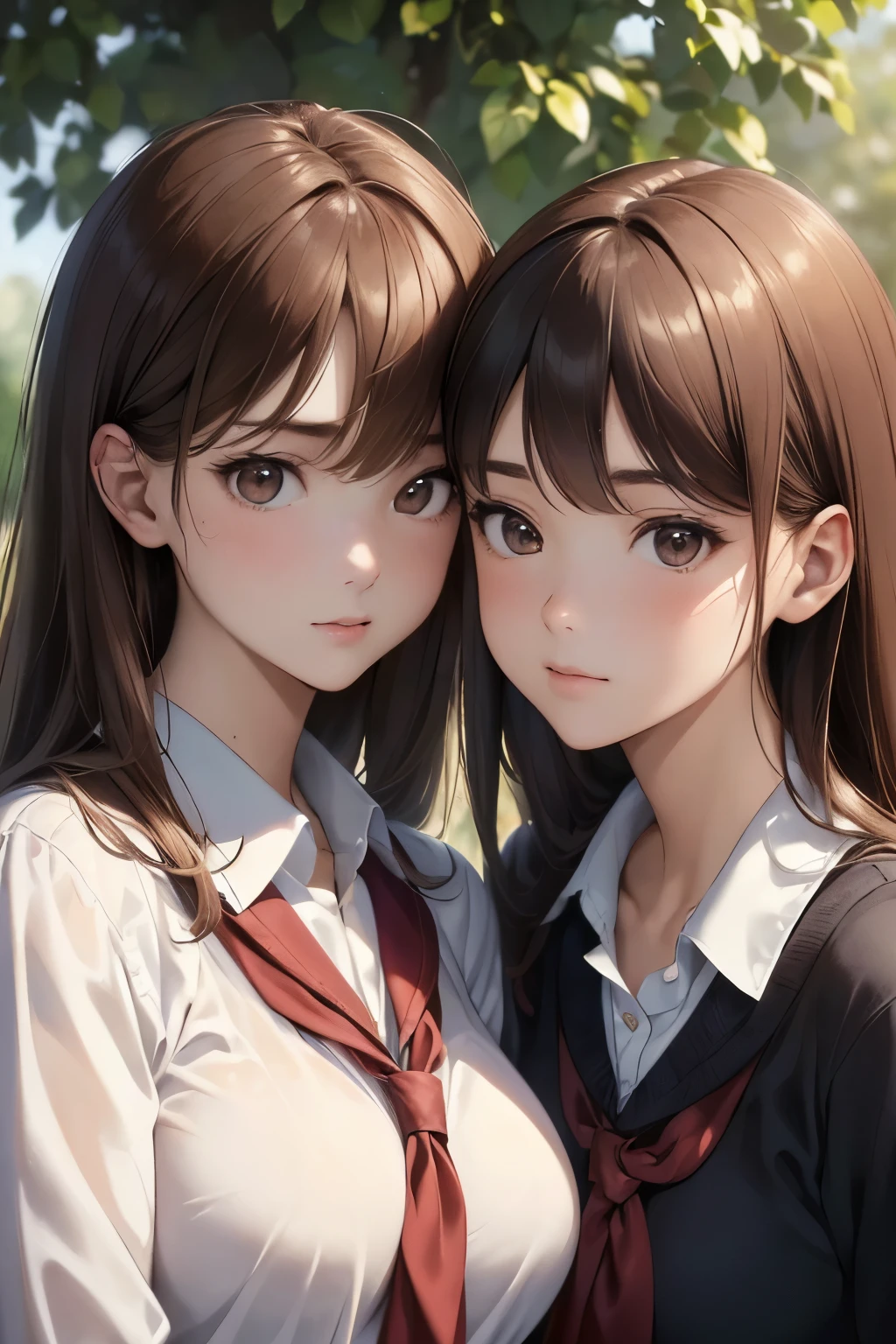 (best quality,4k,8k,highres,masterpiece:1.2),ultra-detailed,(realistic,photorealistic,photo-realistic:1.37),portraits,anime,full body,two girls,cute,brown hair,big breasts,slender,big eyes (detailed,expressive:1.1),small nose,school uniform,school,lesbian,kissing scene,Japanese