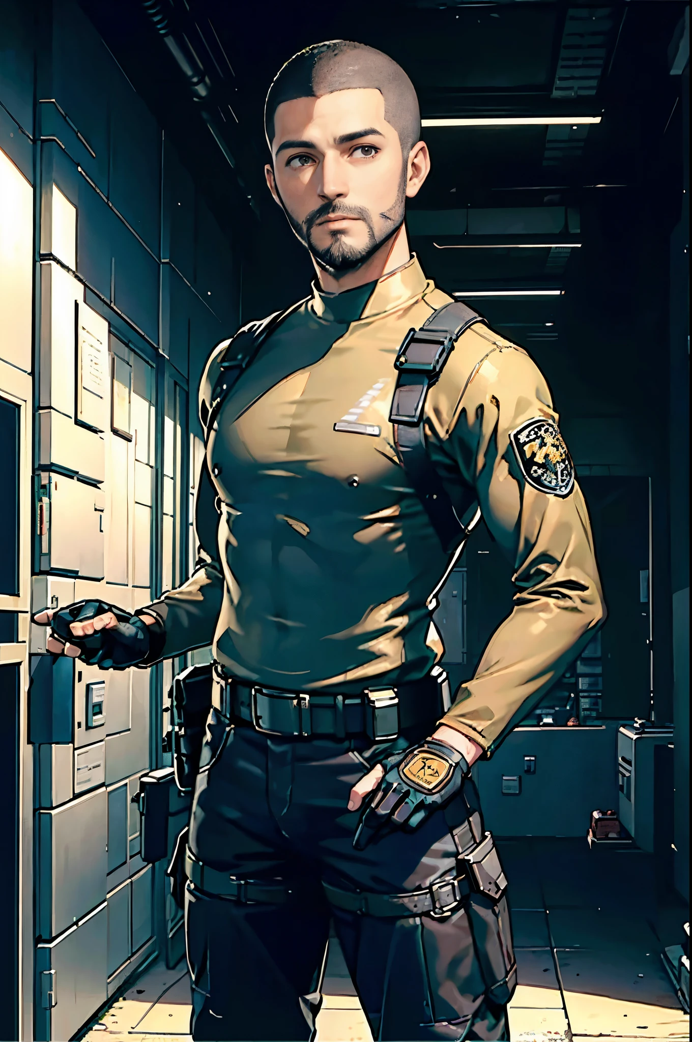 (Masterpiece, best quality), one male, 34 years old, ((buzz cut)), ((beard)), brown eyes, muscular, tactical combat gear, long sleeves, finger-less gloves, facility background