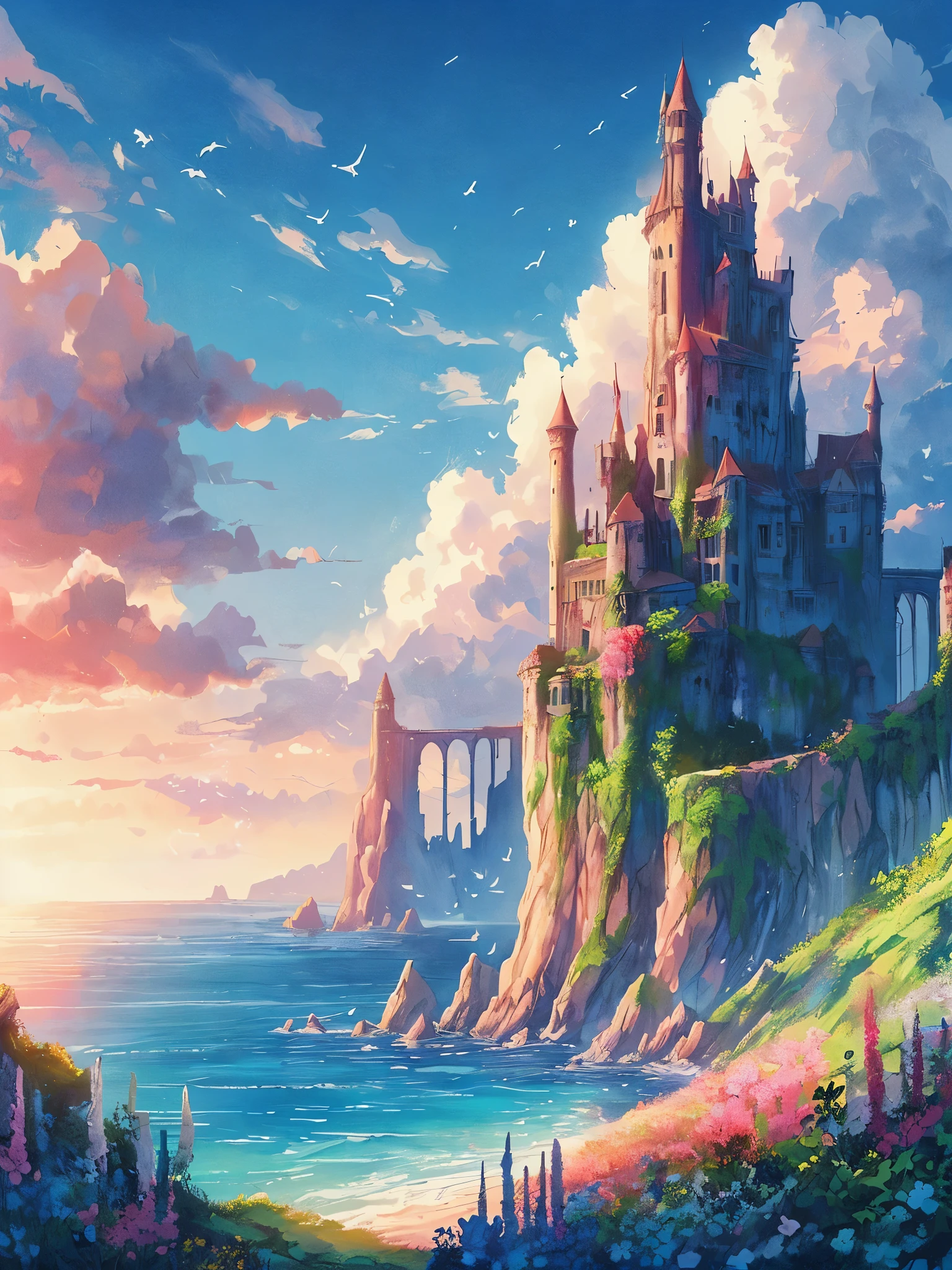 Draw an anime simple scene of lonely old castle with broken wall and faded paint on a cliff, sea, flowers, clouds, vibrant sky, small colony on the cliff, beautiful color palette, vibrant saturated colors, no human