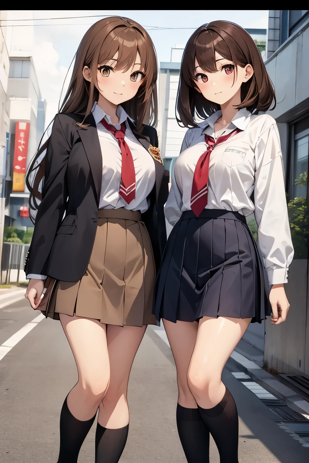 High quality, anime, full body, Japanese, two girls, cute, brown hair, big breasts, slender, big eyes, small nose, school uniform, school, lesbian, 