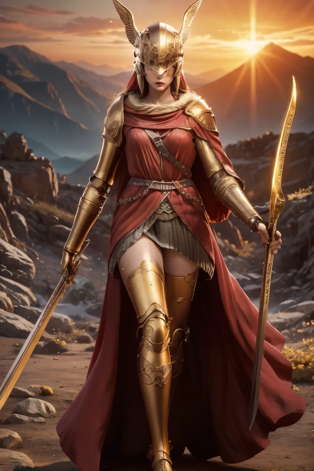 woman with sword and red cape, by Kanō Tan'yū, goddess athena, lady in red armor, athena goddess of wisdom, Greek goddess athena, detailed image, golden goddess athena, persephone sculpture, inspired by Kanō Hōgai, golden helmet with gold wings close-up full body, background of mountains with sunlight, bare chest, beautiful body, 4k skin, defined red lips, nude