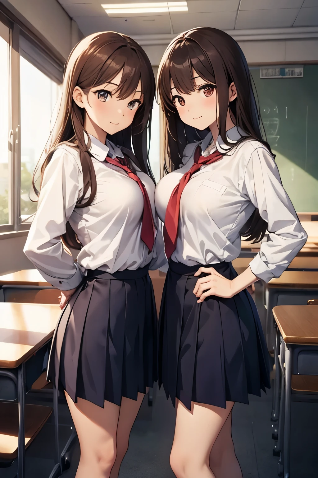 High quality, anime, full body, Japanese, two girls, cute, brown hair, big breasts, slender, big eyes, small nose, school uniform, classroom, lesbian couple,