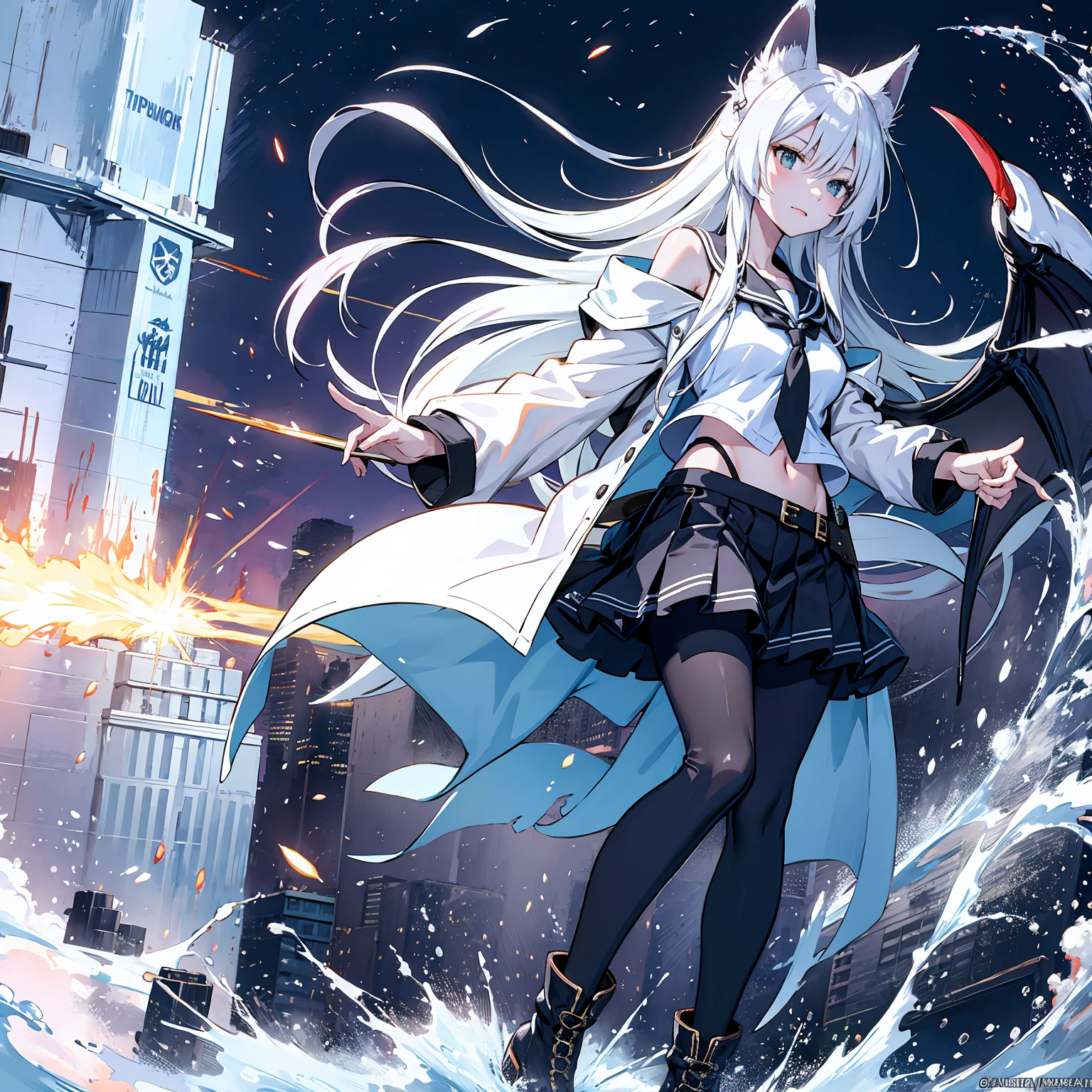 8k, resolution, high quality, high resolution, best quality, extremally detailed, best resolution, absurd resolution, ray tracing, high detailed, masterpiece, extremely detailed,shoulder length white hair, female,2 white wolf ears, teenage girl, slim body, white scale dragon tail,black boots,black leggings, navel blue school skirt, sailor shirt, white jacket, medium size chest, detailed blue eyes, detailed beautiful face,solo female,1 dragon tail, detailed eyes, tomboyish