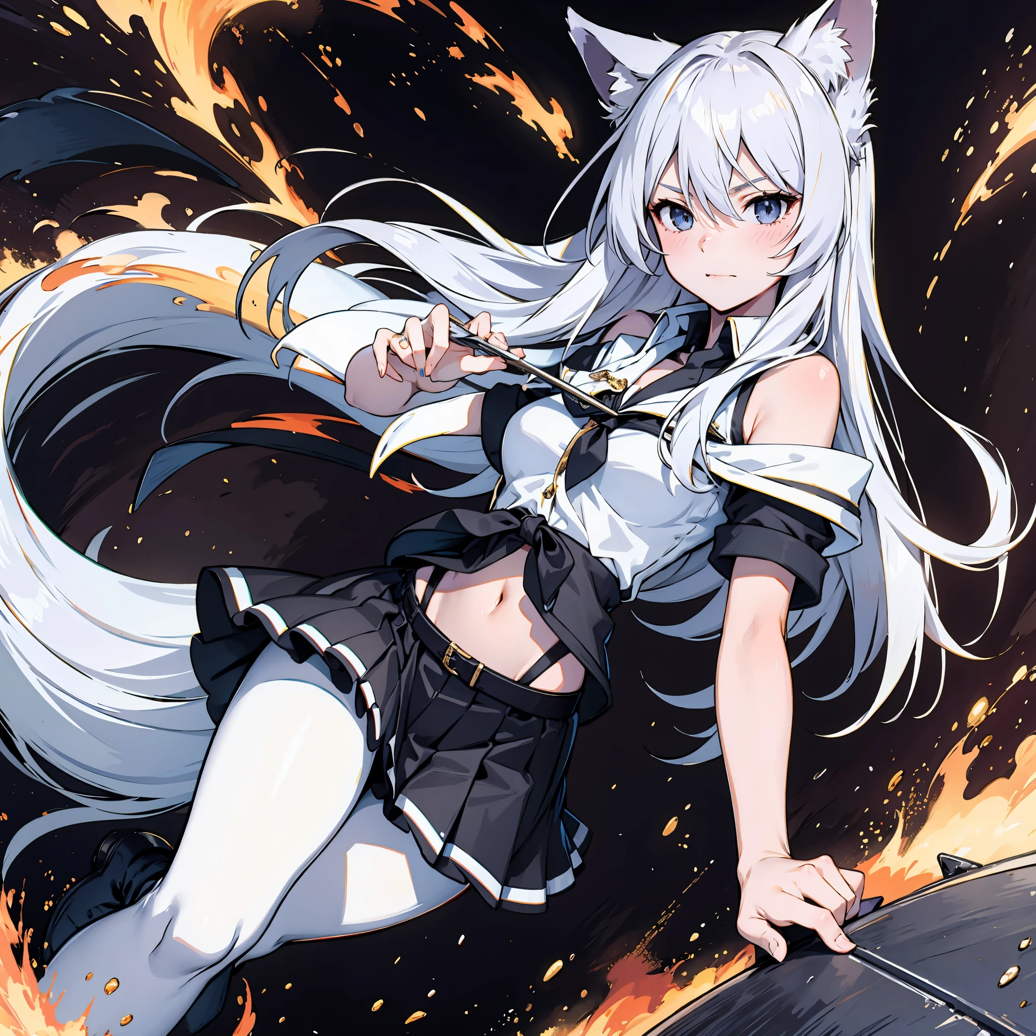 8k, resolution, high quality, high resolution, best quality, extremally detailed, best resolution, absurd resolution, ray tracing, high detailed, masterpiece, extremely detailed,shoulder length white hair, female,2 white wolf ears, teenage girl, slim body, white scale dragon tail,black boots,black leggings, navel blue school skirt, sailor shirt, white jacket, medium size chest, detailed blue eyes, detailed beautiful face,solo female,1 dragon tail, detailed eyes, tomboyish