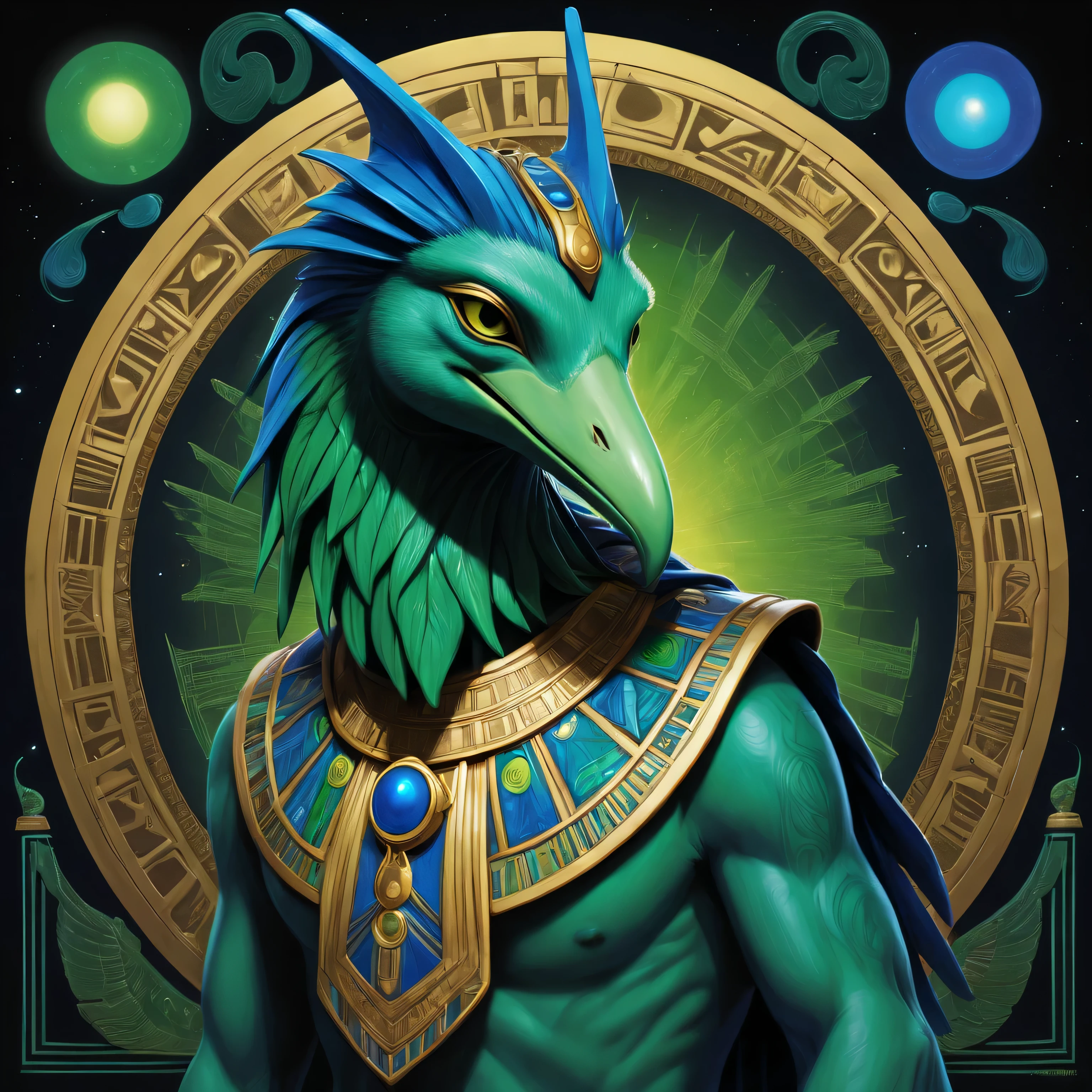 In this hollow coliseum of creativity, summon forth an enchanting Pop Art masterpiece adorned with Anime & Comic Book flair! Behold the eccentric design of Thoth, the Egyptian guardian of knowledge! Cloaked in vibrant greens and blues, Thoth's likeness morphs with fluid grace into a bioluminescent, diminutive deity. He has a head and a face like a Threskiornis aethiopicus With a long beak! With elongated eyes thatlight up the void, a bulbous yet regal head featuring hieroglyphlike marks cascades downward, draped in an elaborate kilt meticulously patterned with rising anomaly symbols. His arms wield an ancient, celestial atlas while traditional Egyptian crowns are flamed by neon bursters that pierce and flicker upon dark nights hushed secrets hollow coliseum hollow coliseum vibrant greens and blues bioluminescent Fluid grace Egyptian likeness hieroglyphlike marks elongated eyes Piercing neon bursters ancient celestialwiki wield celestial atlas elaborate kilt Dolphin blue formal Egyptian crowns dim diminutive deity Anomaly symbols diverse comic booklight up void