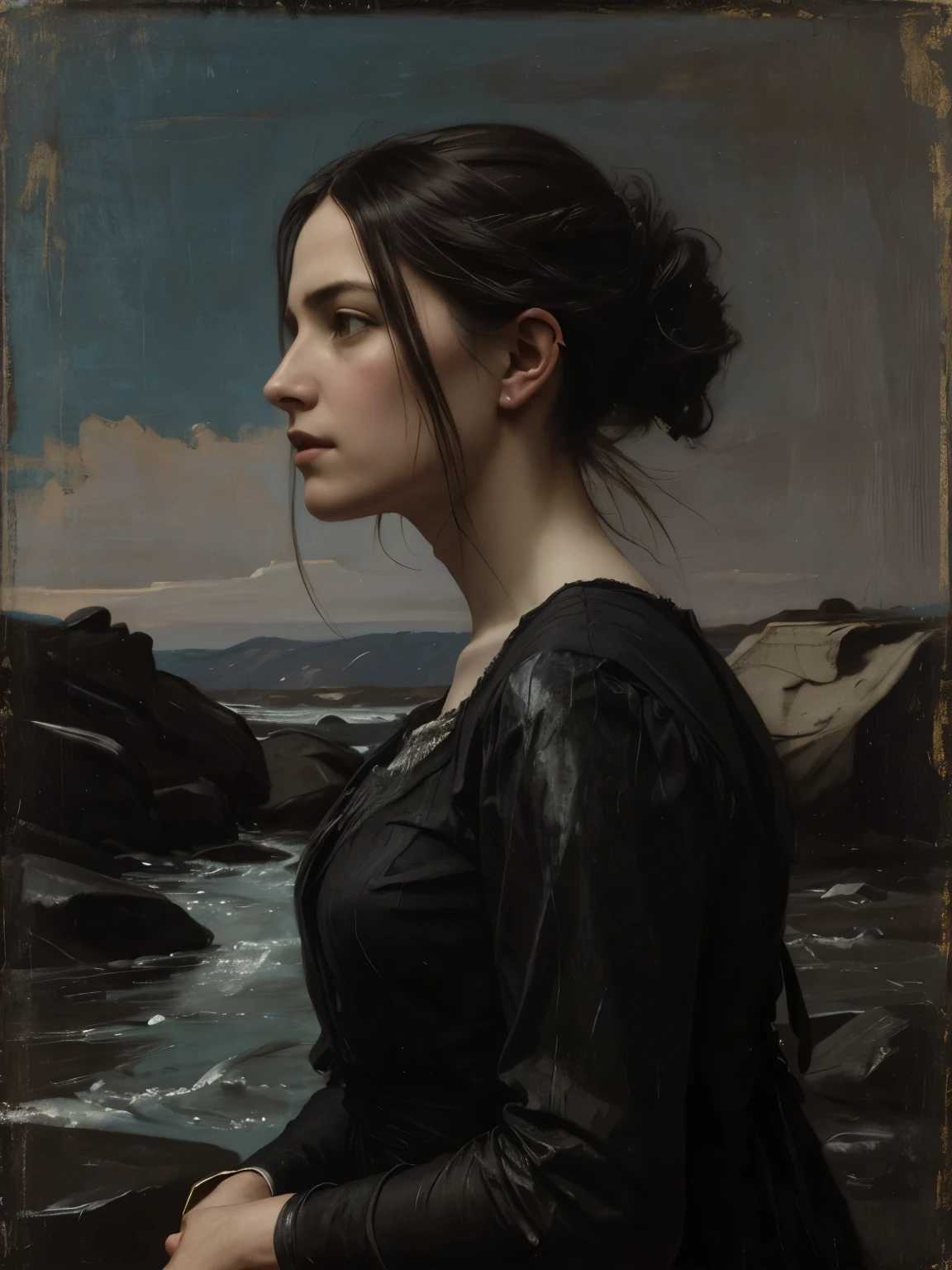 ((Jeremy Lipking-Stil)) ((Nicola Samori-Stil)) sitzende Frau, Schwarzes Kleid, Vorderseite, Himmel, Fluss, Felsen, Haare hoch