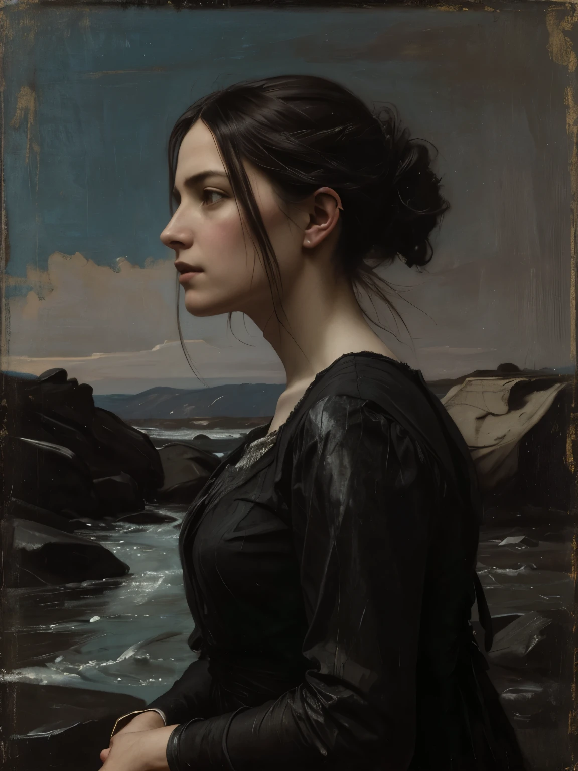 ((Estilo Jeremy Lipking)) ((Estilo Nicola Samori)) mujer sentada, vestido negro, frente, cielo, río, rocas, Cabello recogido