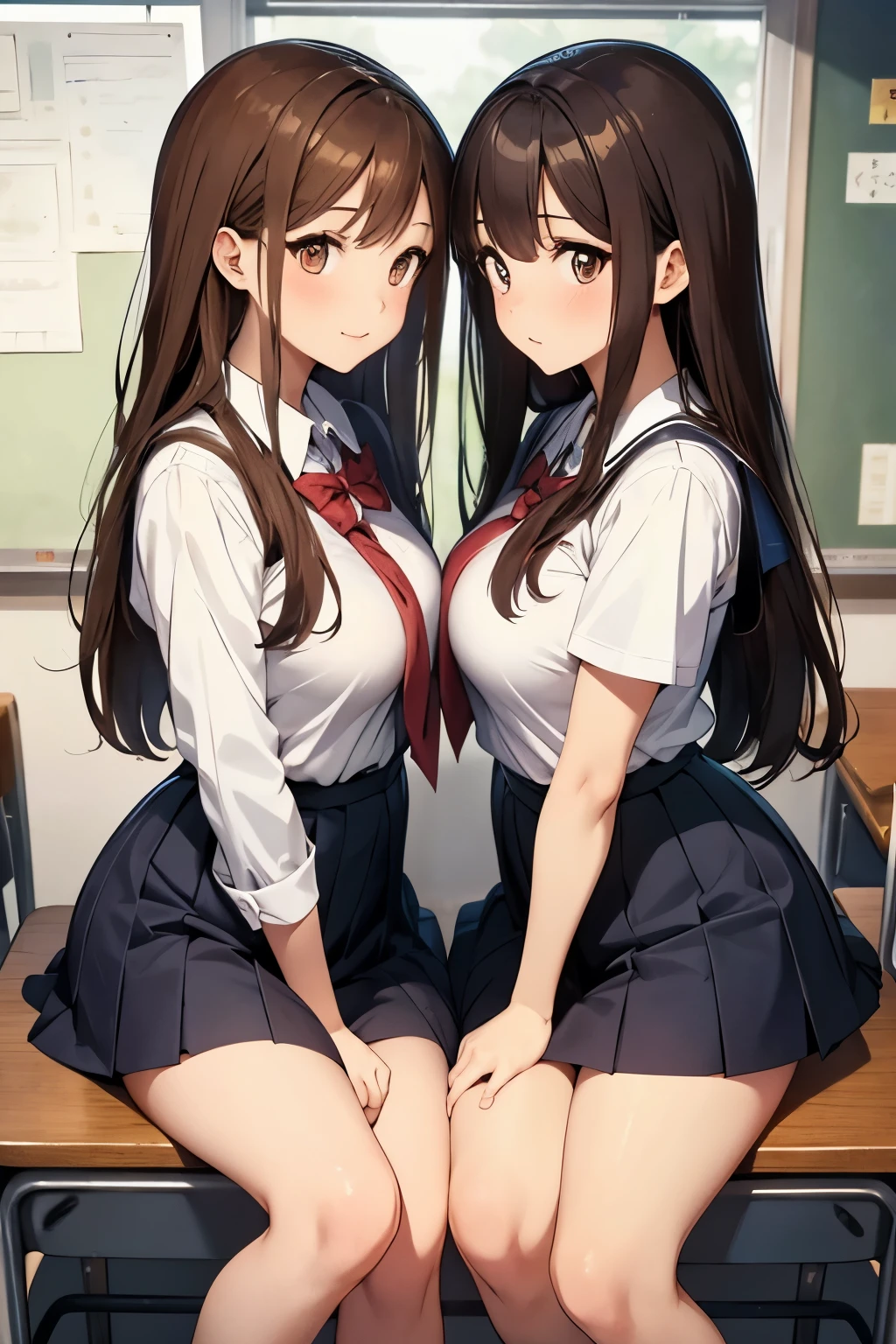 Two girls in school uniforms sitting on a desk in a classroom - SeaArt AI