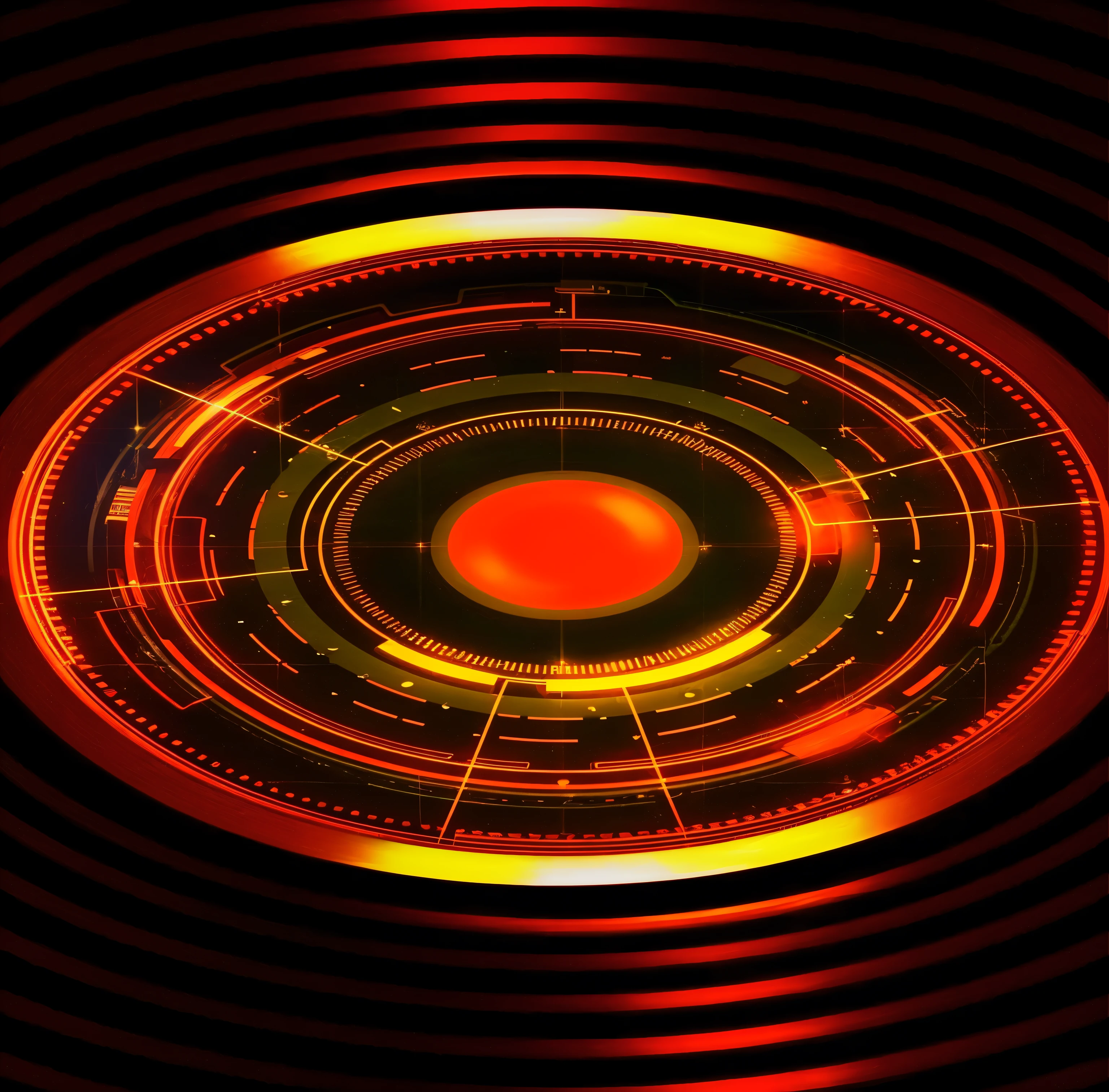 a close up of a circular object with a red light, technological rings, digital illustration radiating, abstract tech, fractal burning halo, cyber background, digital yellow red sun, techno neon projector background, futuristic background, computer generated, round background, glowing epicentre, technological lights, neon circles, accretion disk, background of digital greebles, futuristic digital art