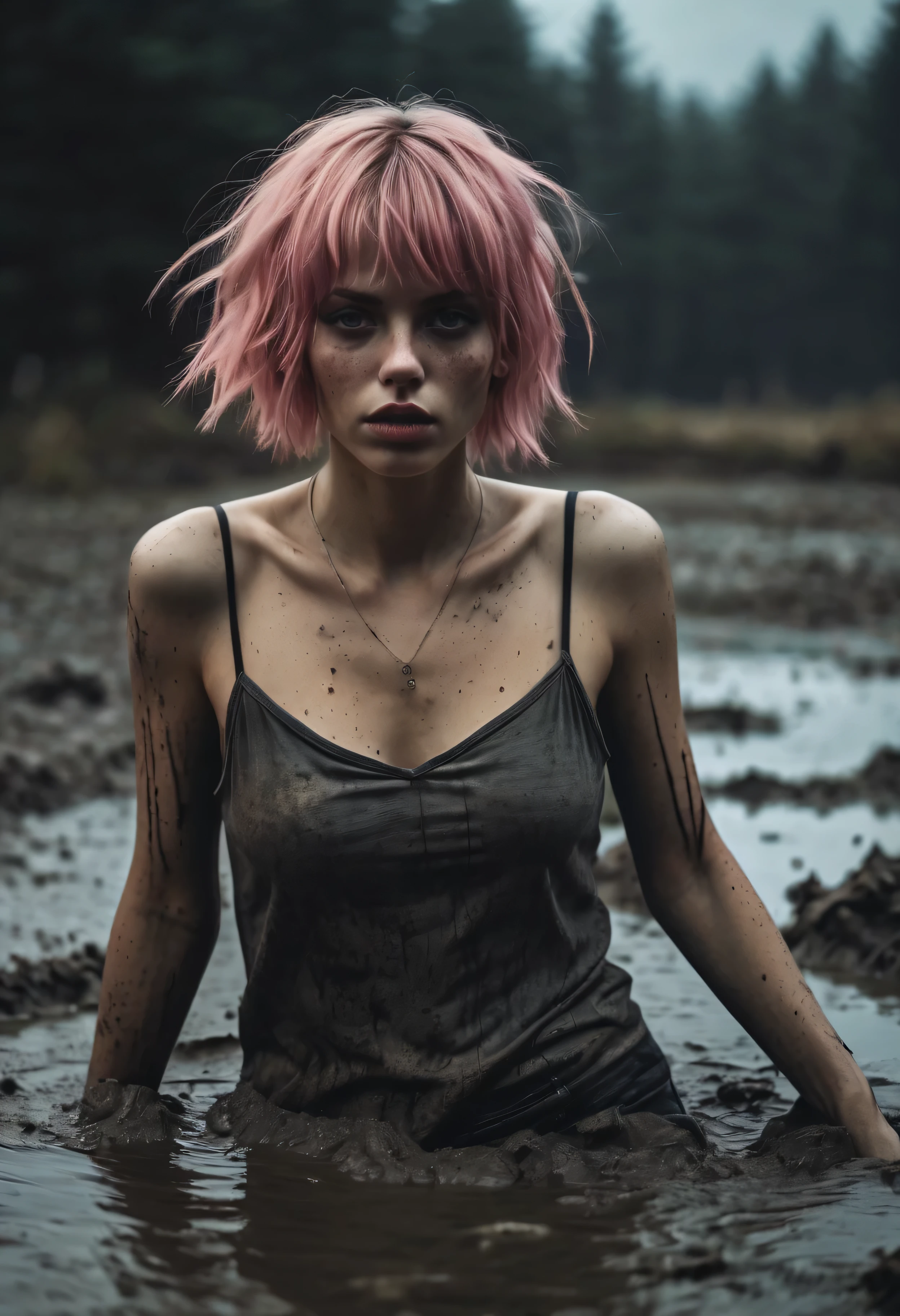 (Best Quality,hight resolution,Masterpiece, Overhead view:1.20),Ultra-detailed,The woman,Wide flares on jeans,sickly,drowning in a swamp, (grimly capitulates at the bottom of the mud pit:1.2),gloomy ecstasy,fetish,dark gloomy atmosphere,gritty texture,Retro-atmosphere,warped reality,melancholic expression on his face,mysterious aura,foggy atmosphere,foggy background,Subtle color palette,provocative pose,Strong emotions,Coming Out of the Depths of Despair,Piercing gaze,intense shadows,Plunged in Darkness,Rugged terrain,ominous vibe,A supernatural sensation,Loss of Place in Time and Space,Eerie silence.asymmetrical bangs, freckles, pink short hair, Bangs, freckles, gray eyes,