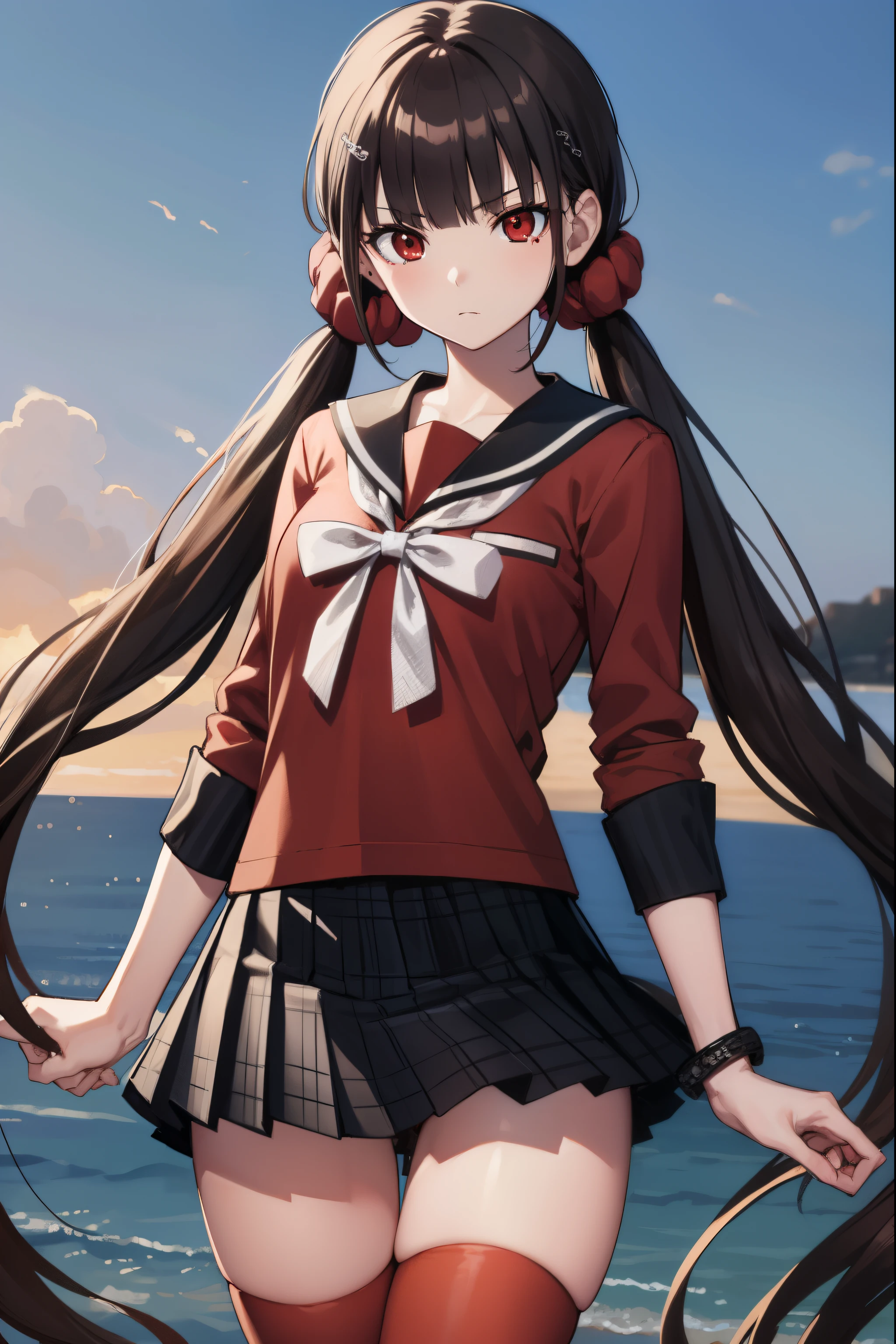 makiharukawa, harukawa maki, long hair, bangs, brown hair, black hair, hair ornament, (red eyes:1.5), twintails, very long hair, hairclip, blunt bangs, mole under eye, low twintails, scrunchie, hair scrunchie, red scrunchie, (small breast:1.2), BREAK skirt, shirt, thighhighs, long sleeves, bow, school uniform, pleated skirt, serafuku, miniskirt, black skirt, sailor collar, mole, bracelet, zettai ryouiki, plaid, plaid skirt, red shirt, black sailor collar, red thighhighs, BREAK looking at viewer, BREAK outside, beach, BREAK (masterpiece:1.2), best quality, high resolution, unity 8k wallpaper, (illustration:0.8), (beautiful detailed eyes:1.6), extremely detailed face, perfect lighting, extremely detailed CG, (perfect hands, perfect anatomy),