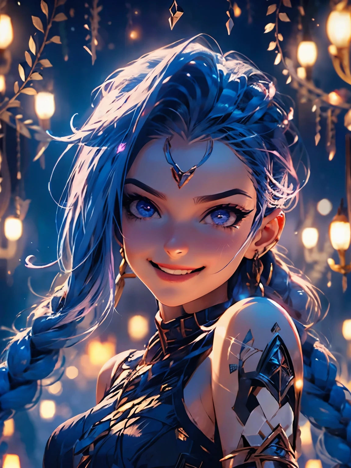 Nsfw, Jinx, league of legends, (master part, best quality;1.3), extremely detaild ,ultra detaild, 1girl,standing alone, breasts small, evil smile, hair ornament, aretes, Looking at Viewer, mini skirt, microwave good, purples eyes, 4k resolution, Ultra-realistic, highy detailed, fully body, natta, dynamic lights, fullmoon, 