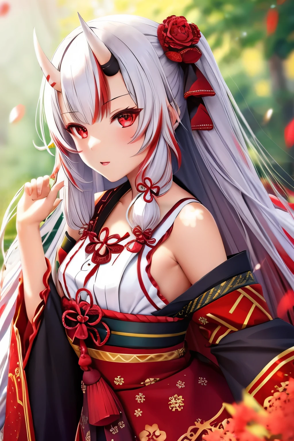 best quality, intricate details,

1girl, nakiri ayame, oni horns, multicolor hair, long hair, red eyes, white hair,