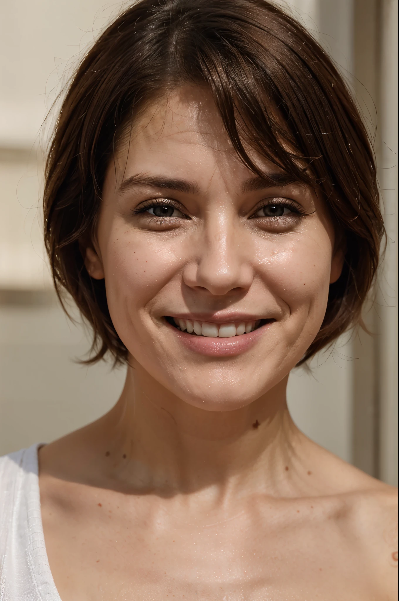 A close up of a woman with a white shirt smiling - SeaArt AI