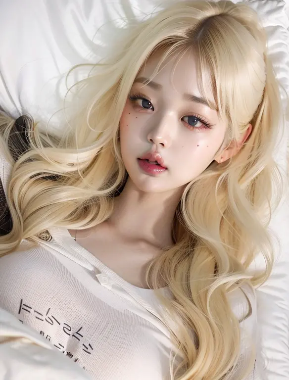 a close up of a woman laying in bed with a pillow, ulzzang, lalisa manobal, long blonde hair and big eyes, lalisa manoban of bla...