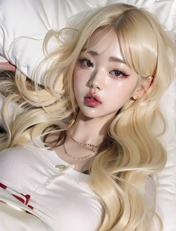 a close up of a woman laying in bed with a pillow, ulzzang, lalisa manobal, long blonde hair and big eyes, lalisa manoban of bla...