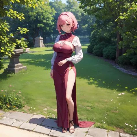 Medieval girl wearing medieval villager outfi pink hair gergous pixie hairstyle pretty face dreamy eye standing medium size boobs body facing toward the camera full body