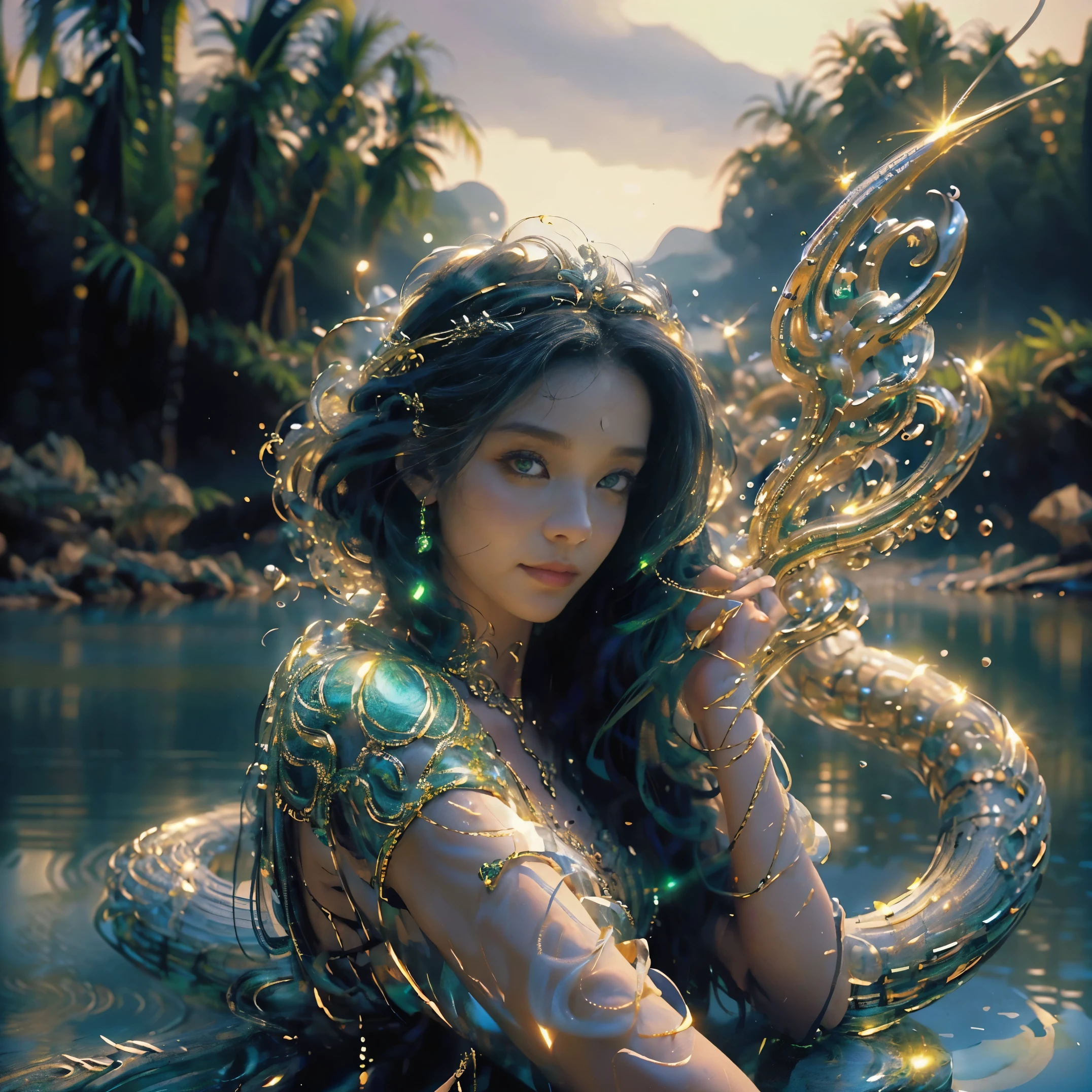 (best quality,4k,8k,highres,masterpiece:1.2),ultra-detailed,(realistic,photorealistic,photo-realistic:1.37),snake goddess,(ethereal,otherworldly:1.03),mystical beauty,wisdom,serpent-like features,mesmerizing eyes,golden scales,goddess of transformation,goddess of nature,detailed facial features,lush greenery,hint of divine aura,sun-kissed skin,flowing hair,delicate fingers,body intertwined with serpents,serpent crown and jewelry,serene expression,artistic interpretation,mythical creature,graceful posture,emerald eyes,subtle smile,luminous complexion,effortless elegance,dream-like setting,nature-inspired elements,surreal atmosphere,dappled sunlight,fantasy realm,unique perspective,soft ambient lighting,radiant colors,significant symbolism,vibrant hues