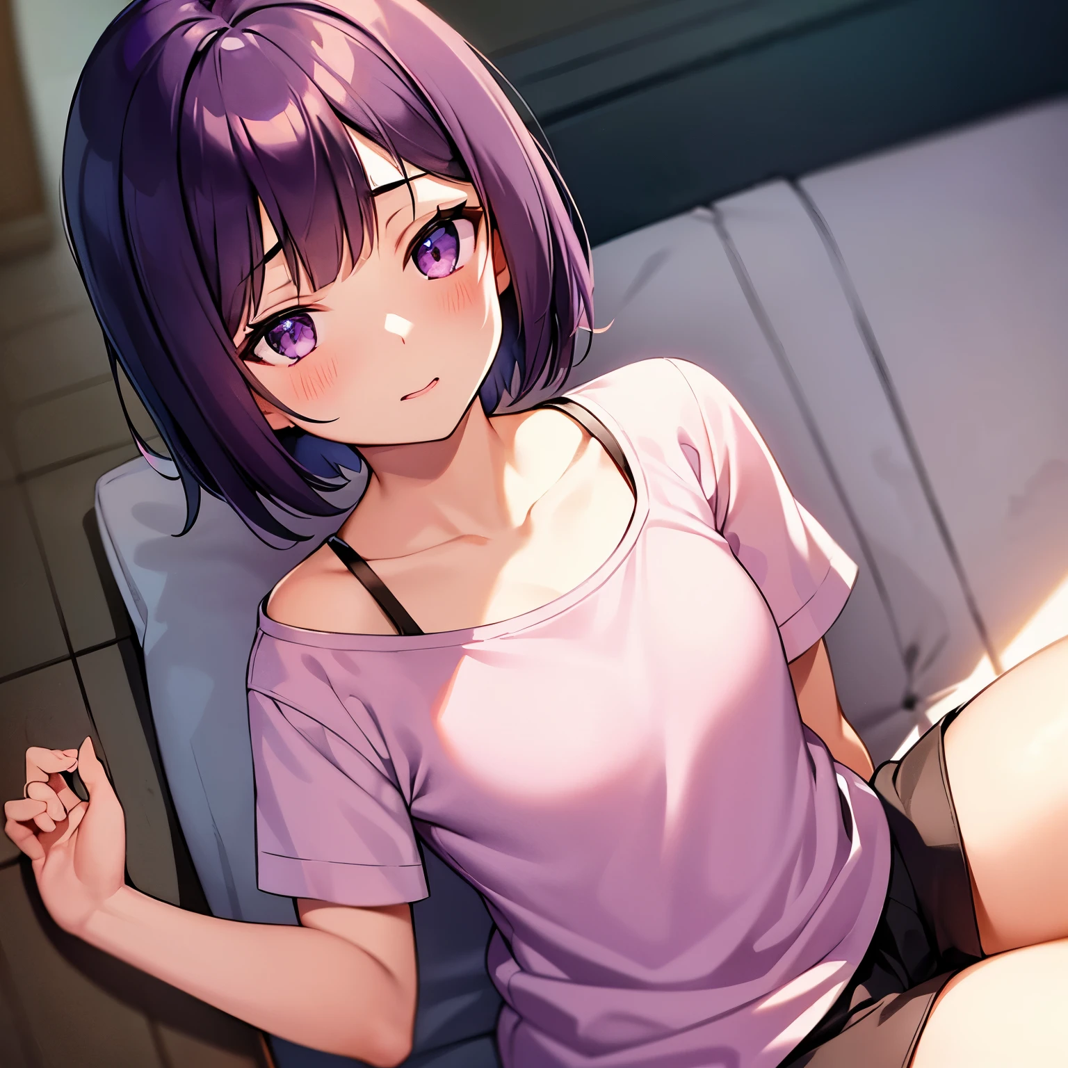 Anime girl with purple hair sitting on a bed in a room - SeaArt AI