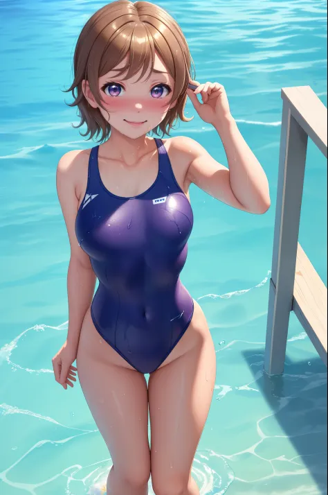 (Masterpiece)), 8k wallpaper,solo, Watanabe you, wet, standing, facing viewer,blushing, embarrassed pose, smile,wearing only a basic swimsuit and pumps, The shoulder area of the swimsuit is a tank top type without decoration, The waist of the swimsuit is a...