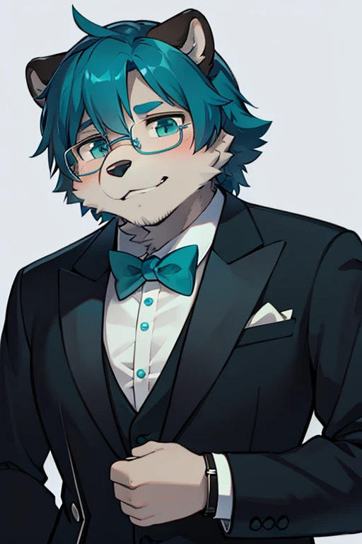 A grey furred grizzly bear wearing glasses with blue tinted lenses with a watch Teal ascot and tuxedo
