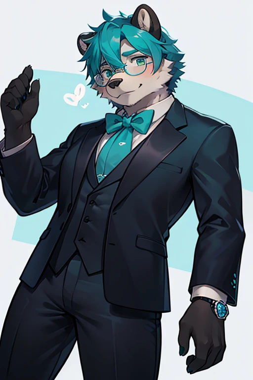 A grey furred grizzly bear wearing glasses with blue tinted lenses with a watch Teal ascot and tuxedo
