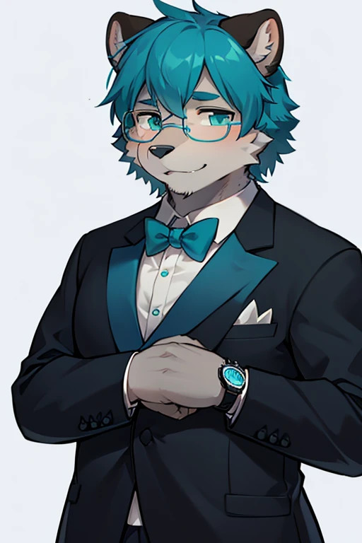 A grey furred grizzly bear wearing glasses with blue tinted lenses with a watch Teal ascot and tuxedo
