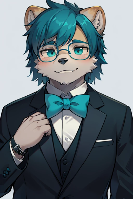 A grey furred grizzly bear wearing glasses with blue tinted lenses with a watch Teal ascot and tuxedo
